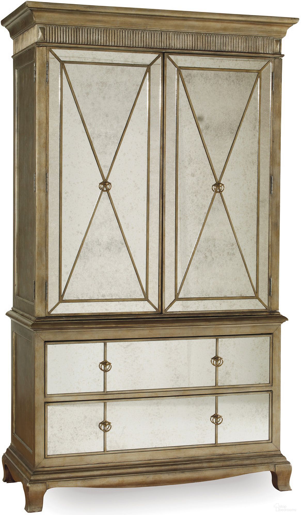 The appearance of Sanctuary Gold Visage Armoire designed by Hooker in the traditional interior design. This gold piece of furniture  was selected by 1StopBedrooms from Sanctuary Collection to add a touch of cosiness and style into your home. Sku: 3016-90113;3016-90114. Material: Veneer.