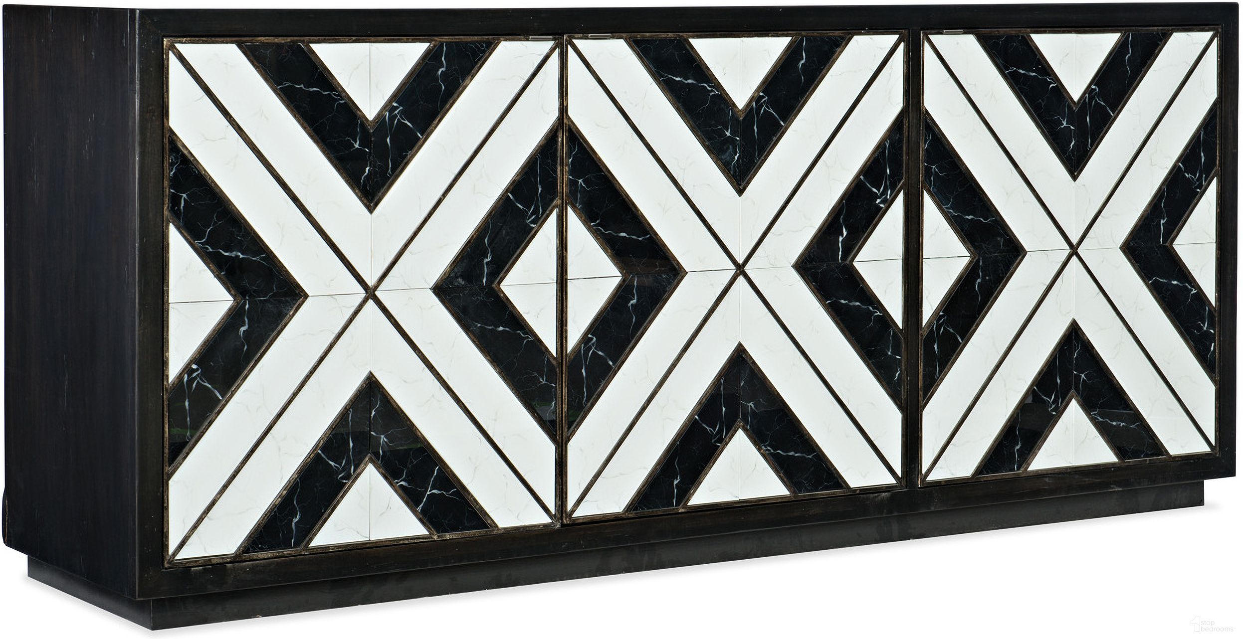 The appearance of Sanctuary Noir Et Blanc Entertainment Console designed by Hooker in the traditional interior design. This black piece of furniture  was selected by 1StopBedrooms from Sanctuary 2 Collection to add a touch of cosiness and style into your home. Sku: 5875-55480-00. Material: Oak Veneer.