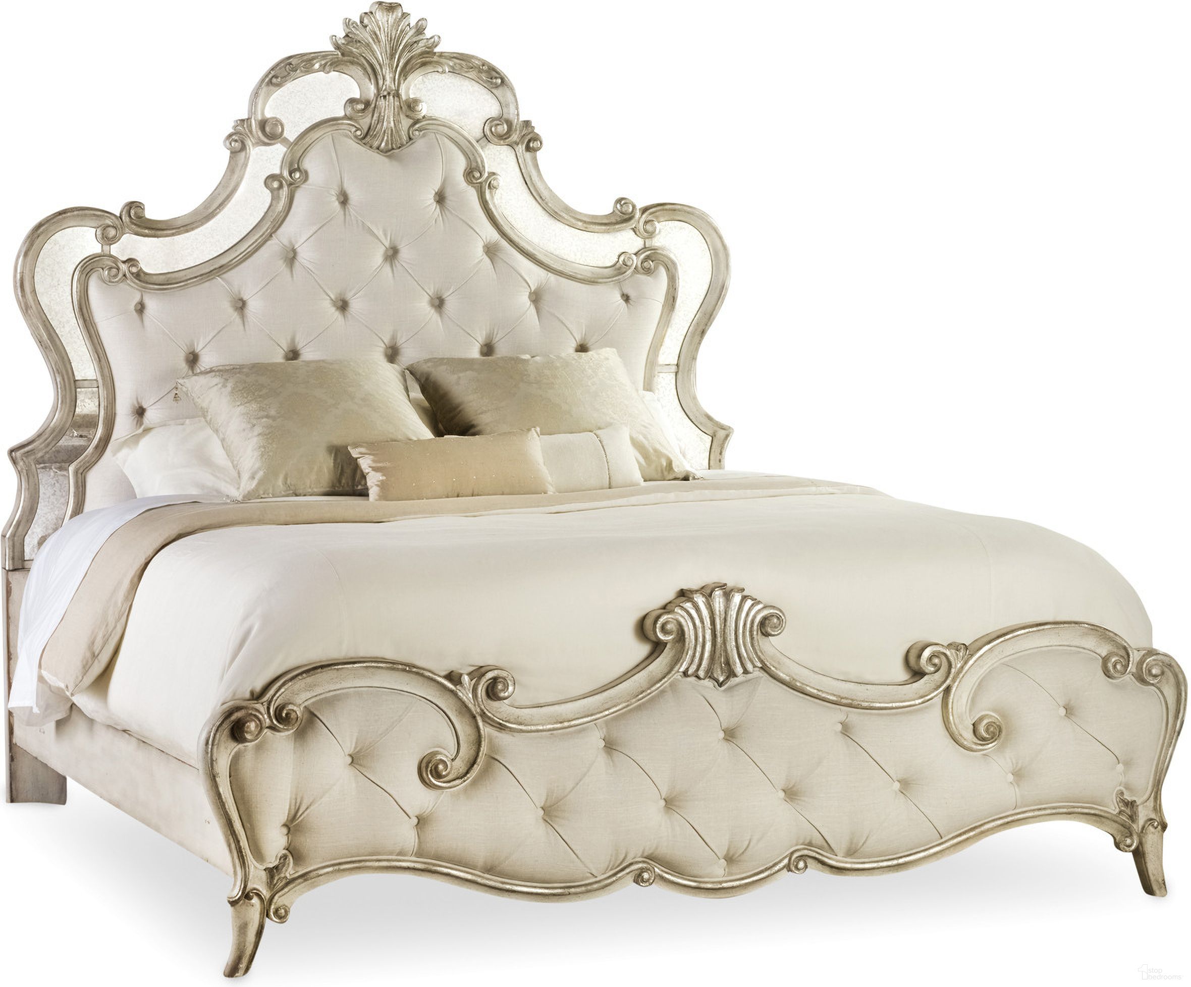 The appearance of Sanctuary Silver and Beige King Upholstered Panel Bed designed by Hooker in the traditional interior design. This beige piece of furniture was selected by 1StopBedrooms from Sanctuary Collection to add a touch of cosiness and style into your home. Sku: 5413-90867;5413-90868;5413-90869. Bed Type: Panel Bed. Bed Size: King. Material: Hardwood.