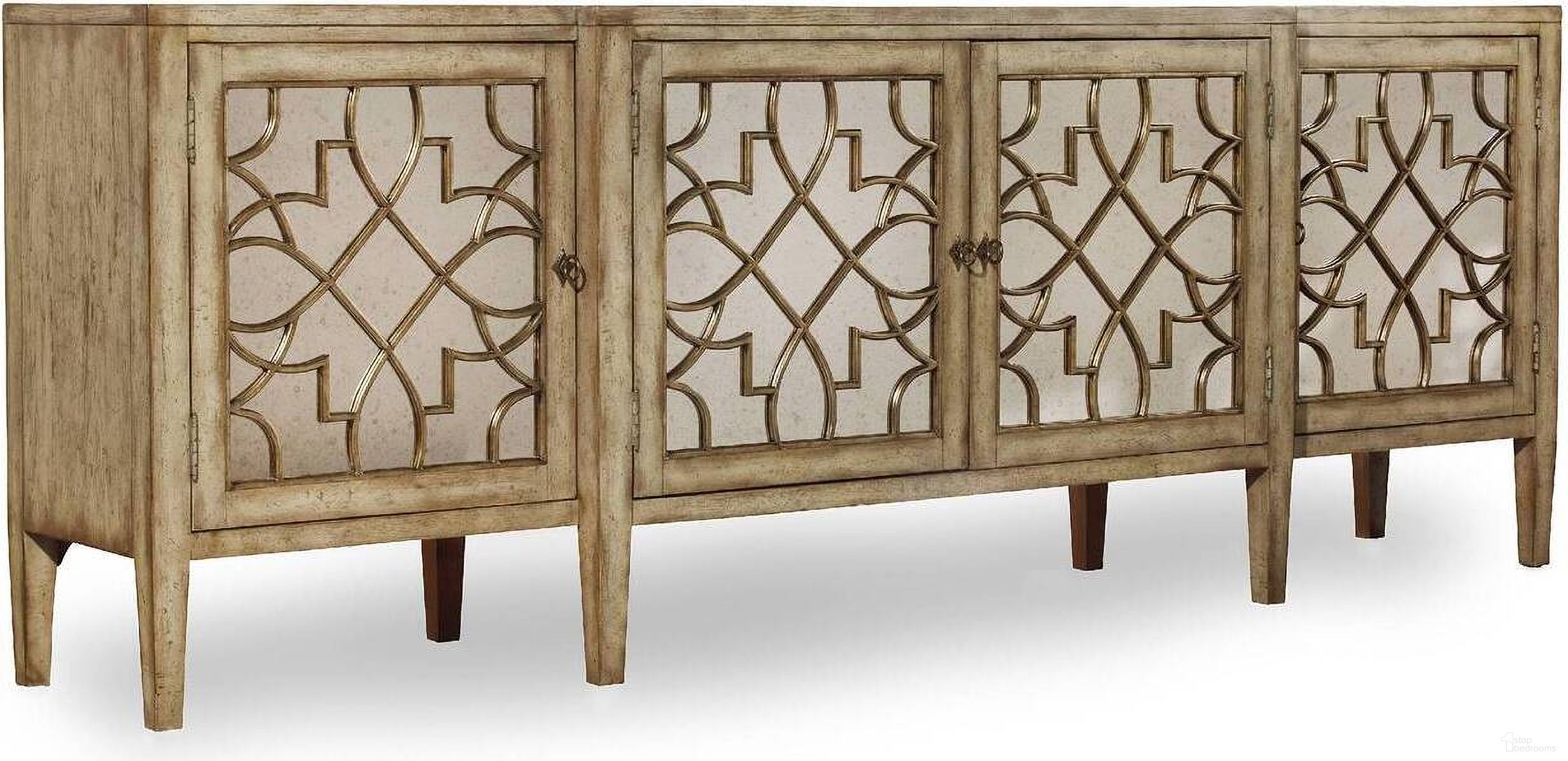 The appearance of Sanctuary White Surf Visage 4 Door Mirrored Console designed by Hooker in the traditional interior design. This light wood piece of furniture was selected by 1StopBedrooms from Sanctuary Collection to add a touch of cosiness and style into your home. Sku: 3013-85001. Material: Oak Veneer.
