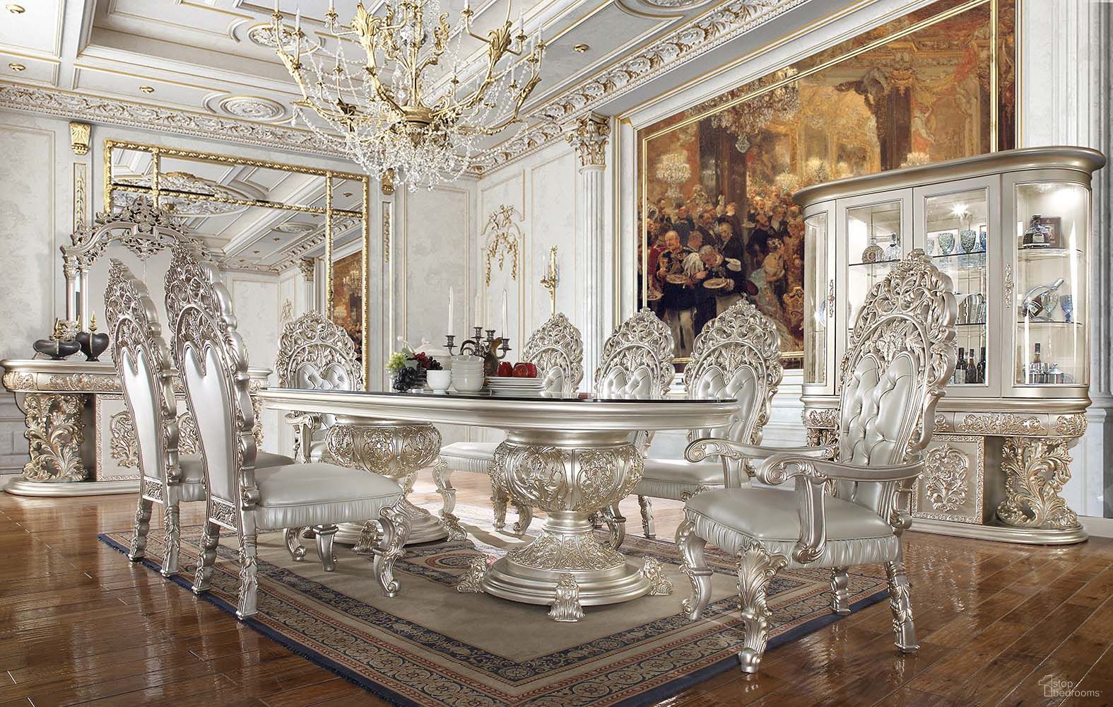 The appearance of Sandoval Dining Room Set In Champagne designed by ACME in the transitional interior design. This champagne piece of furniture was selected by 1StopBedrooms from Sandoval Collection to add a touch of cosiness and style into your home. Sku: DN01494-1;DN01494-2;DN01494-3;DN01494-4;DN01495. Table Base Style: Double Pedestal. Material: Wood. Table Top Shape: Rectangular. Size: 48" x 108".