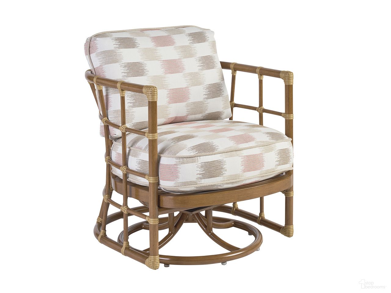 The appearance of Sandpiper Bay Swivel Chair In Brown/Red/Pink designed by Tommy Bahama in the coastal interior design. This brown/red/pink piece of furniture  was selected by 1StopBedrooms from Sandpiper Bay Collection to add a touch of cosiness and style into your home. Sku: 3360-09SW-40. Material: Aluminum.