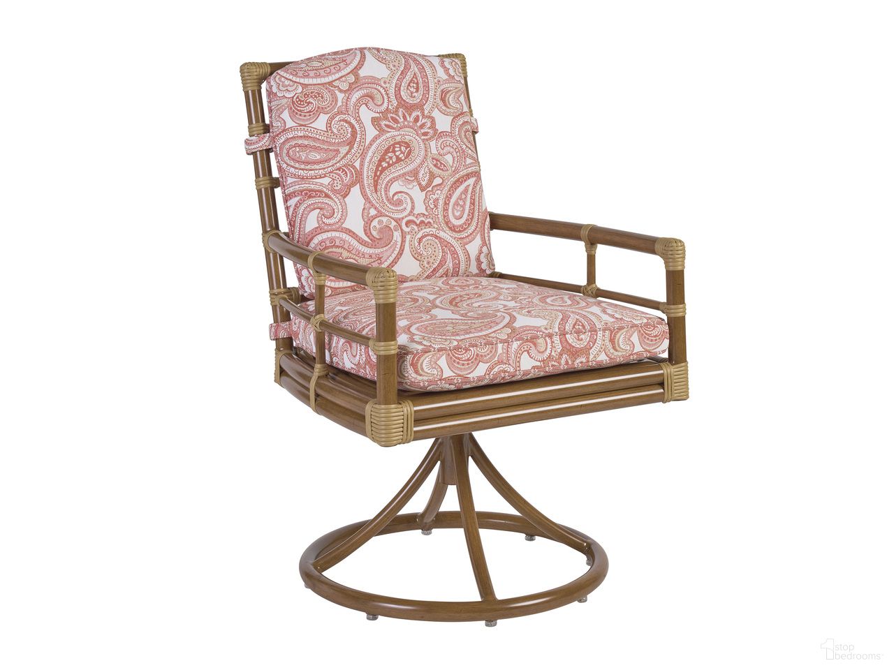 The appearance of Sandpiper Bay Swivel Rocker Dining Chair In Brown/Red/Pink designed by Tommy Bahama in the coastal interior design. This brown/red/pink piece of furniture was selected by 1StopBedrooms from Sandpiper Bay Collection to add a touch of cosiness and style into your home. Sku: 3360-13SR-40. Material: Aluminum.