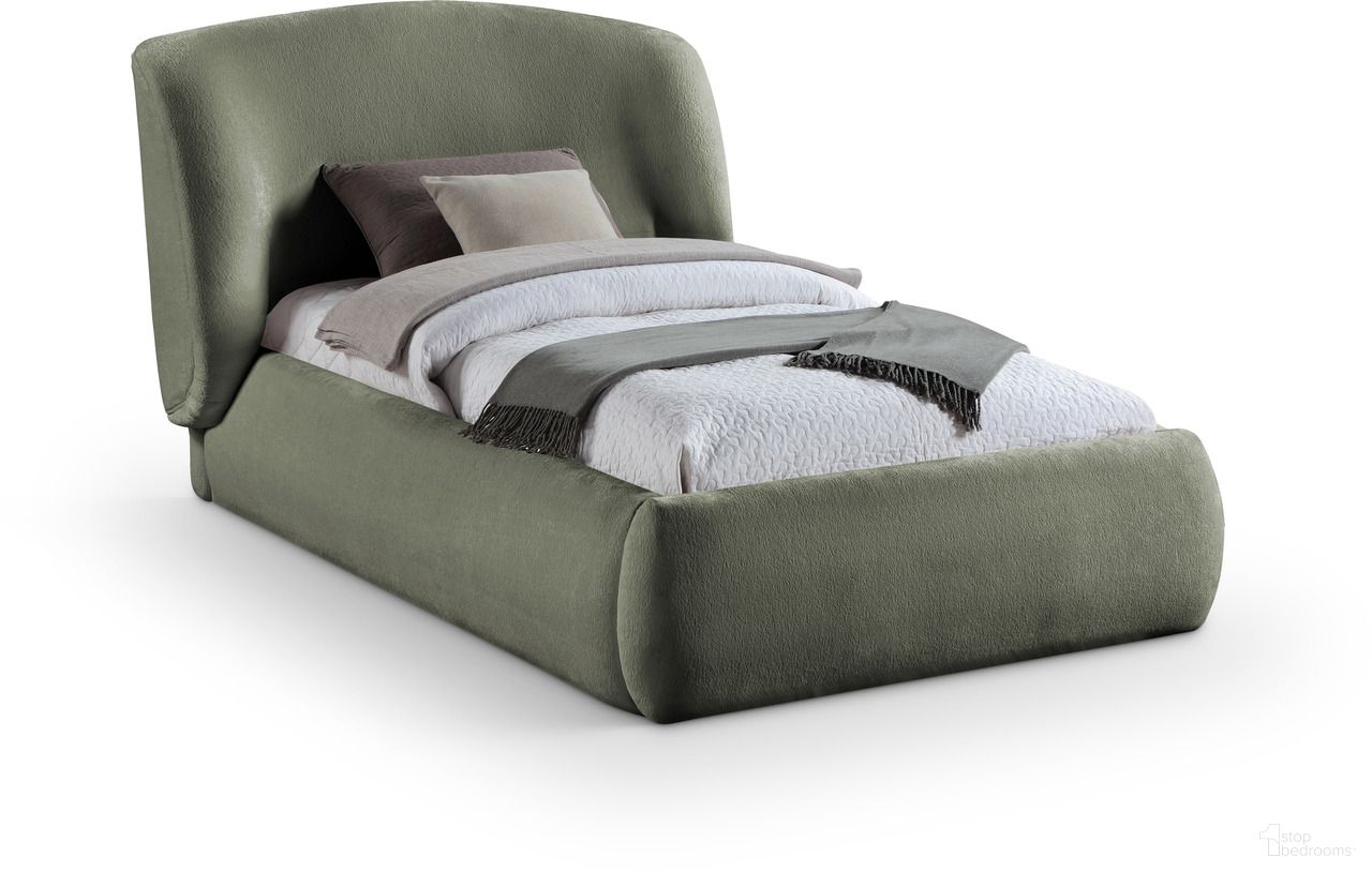 The appearance of Sandro Chenille Fabric Upholstered Twin Bed In Green designed by Meridian in the modern / contemporary interior design. This green piece of furniture was selected by 1StopBedrooms from Sandro Collection to add a touch of cosiness and style into your home. Sku: SandroGreen-T Box 1/2 (Headboard / Footboard);SandroGreen-T Box 2/2 (Rails). Bed Size: Twin. Material: Chenille. Bed Type: Upholstered Bed.