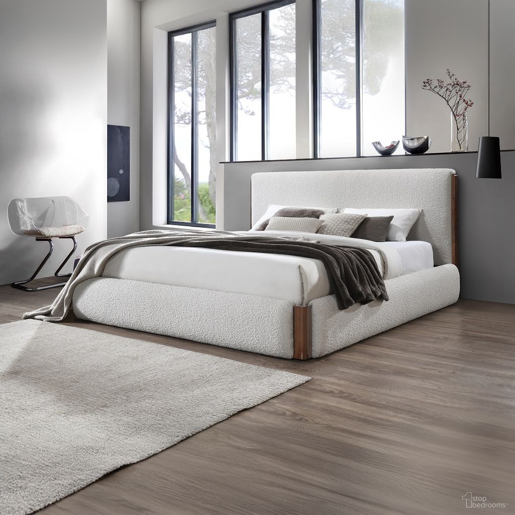 Sandro Eastern King Bed In White Boucle and Walnut