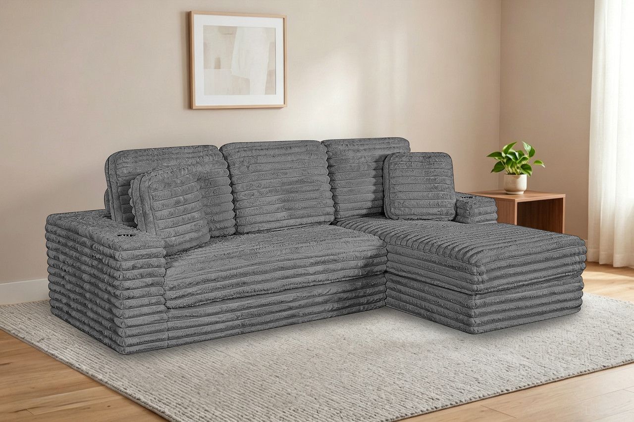 The appearance of Sandy 2-Piece Compressed Right Chase Sectional In Dark Gray designed by Best Quality Furniture in the glam interior design. This dark gray piece of furniture  was selected by 1StopBedrooms from Sandy Collection to add a touch of cosiness and style into your home. Sku: SE805-Chaise;SE805-Loveseat. Material: Faux Fur.