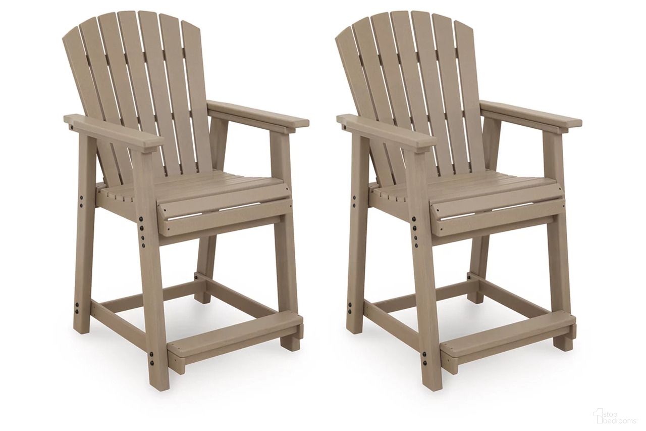 The appearance of Sandy Dune Outdoor Counter Height Bar Stool Set of 2 In Medium Brown designed by Signature Design by Ashley in the modern / contemporary interior design. This medium brown piece of furniture was selected by 1StopBedrooms from Sandy Dune Collection to add a touch of cosiness and style into your home. Sku: P228-124. Material: HDPE.