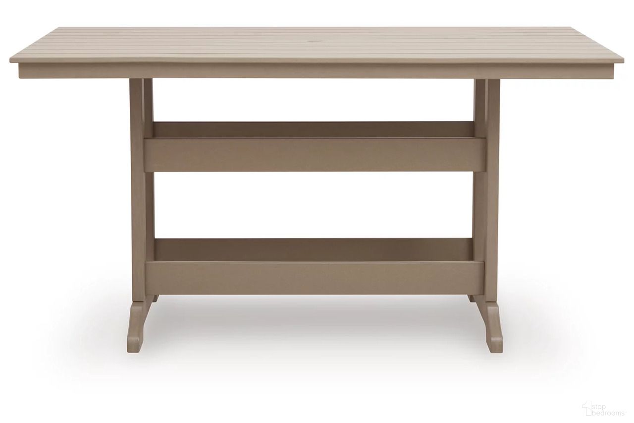 The appearance of Sandy Dune Outdoor Counter Height Dining Table In Medium Brown designed by Signature Design by Ashley in the modern / contemporary interior design. This medium brown piece of furniture was selected by 1StopBedrooms from Sandy Dune Collection to add a touch of cosiness and style into your home. Sku: P228-642. Table Base Style: Trestle. Table Top Shape: Rectangular. Material: HDPE.