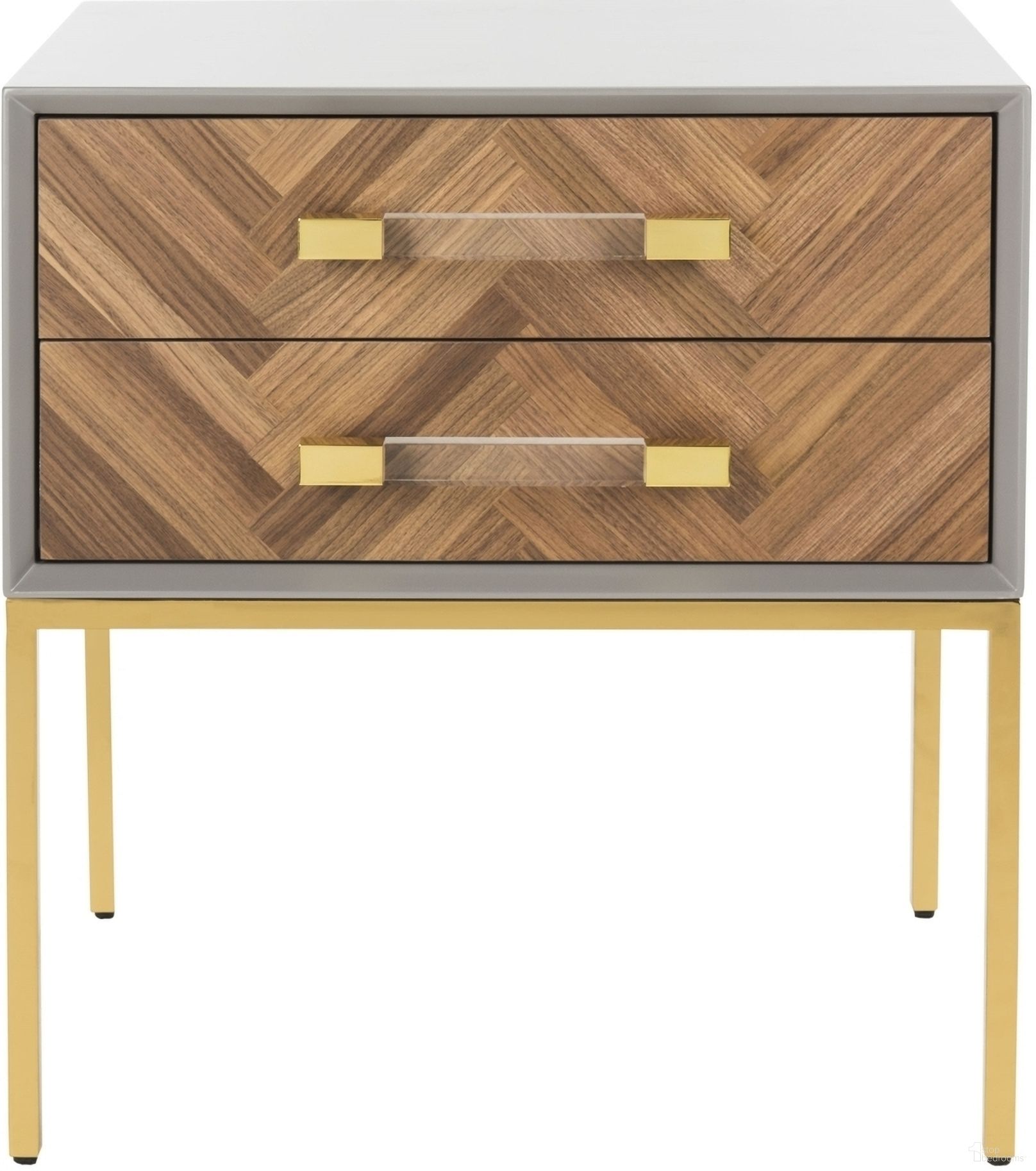 The appearance of Sanford 2 Drawer Side Table In Walnut and Grey designed by Safavieh Couture in the modern / contemporary interior design. This walnut and grey piece of furniture  was selected by 1StopBedrooms from Sanford Collection to add a touch of cosiness and style into your home. Sku: SFV3548A. Material: Brass.
