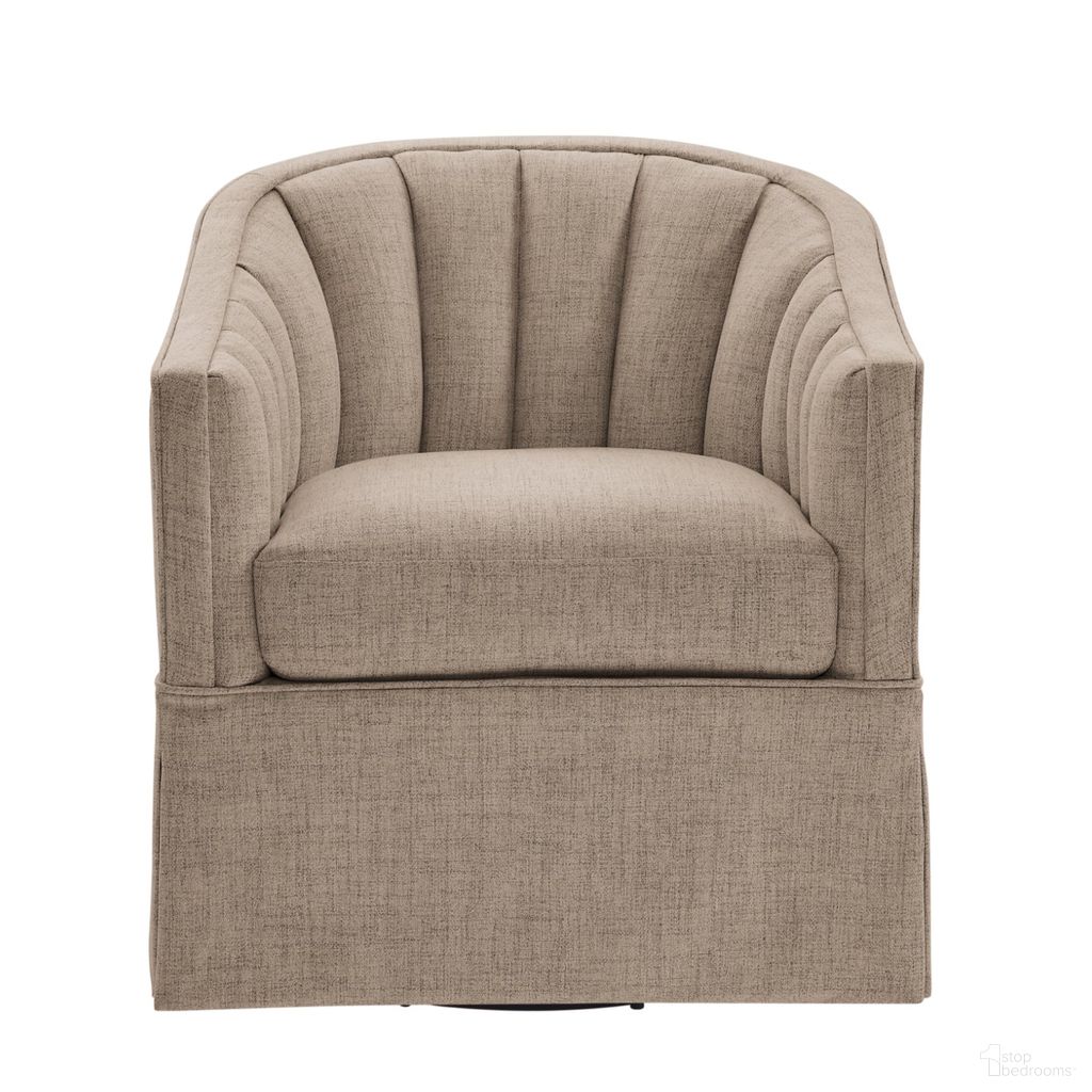 The appearance of Sanibel Skirted Swivel Accent Chair In Stone designed by Comfort Pointe in the transitional interior design. This stone piece of furniture was selected by 1StopBedrooms from Sanibel Collection to add a touch of cosiness and style into your home. Sku: 8315-43. Material: Polyester.