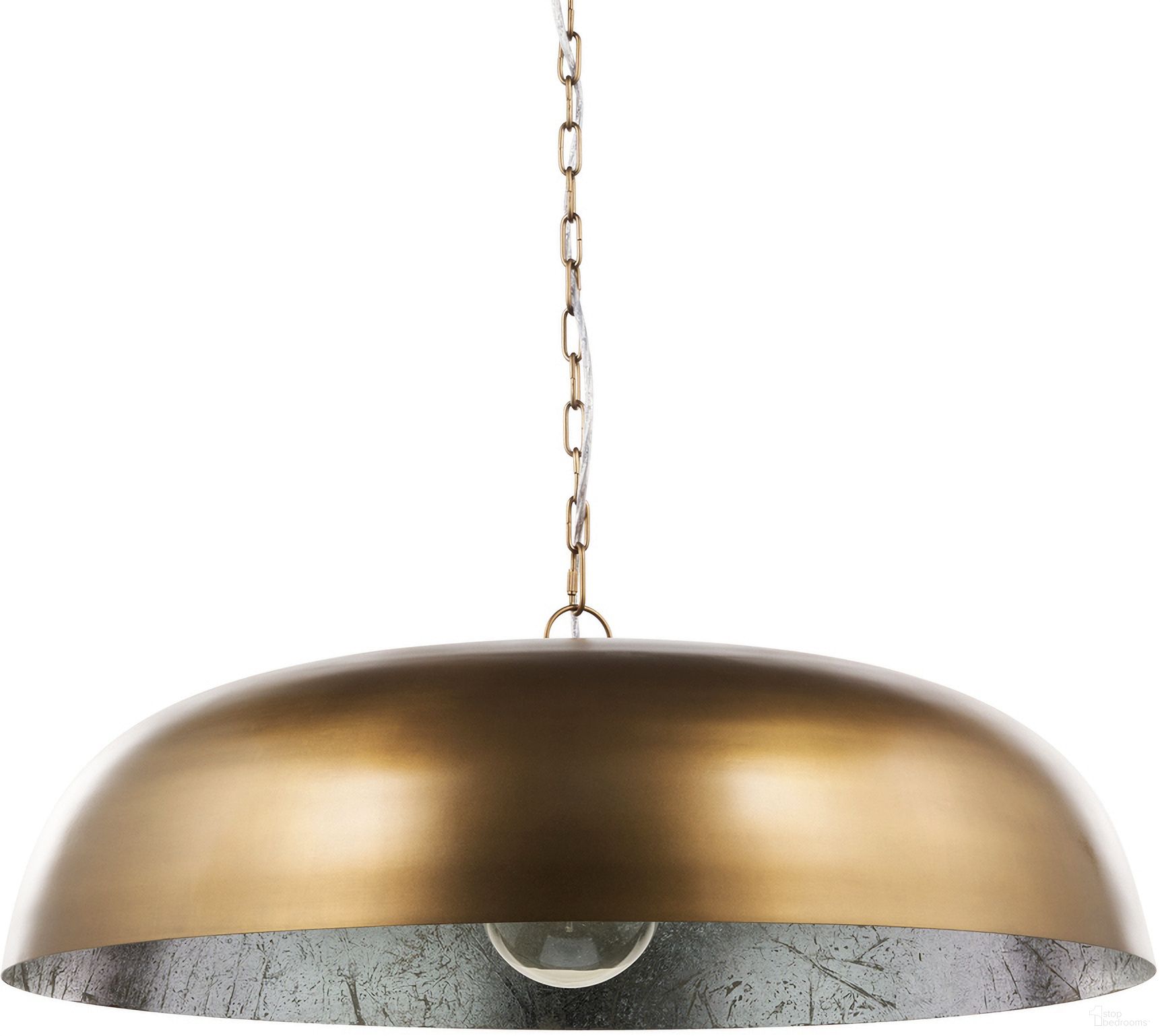 The appearance of Sanne Metal with Silver Foil Wide Pendant Light In Antiqued Gold designed by Mercana in the modern / contemporary interior design. This antique gold piece of furniture was selected by 1StopBedrooms from Sanne Collection to add a touch of cosiness and style into your home. Sku: 70758. Material: Metal.