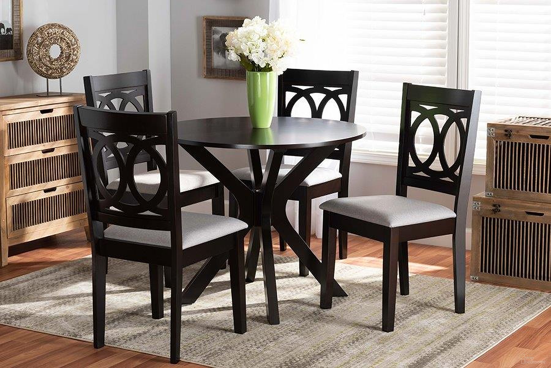 Sanne Modern and Contemporary Grey Fabric Upholstered and Dark Brown Finished Wood 5-Piece Dining Set