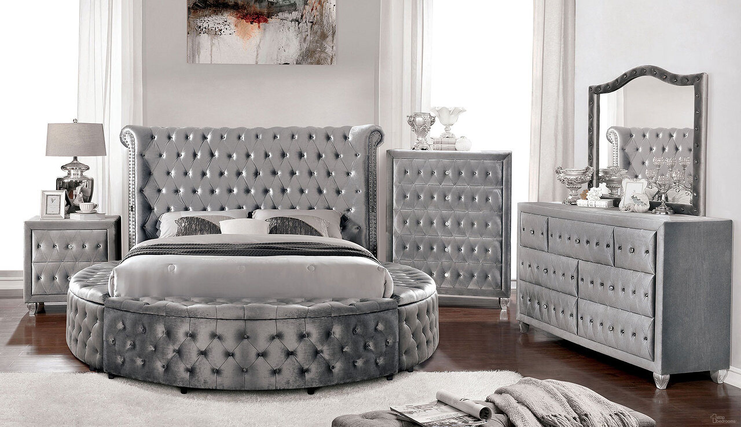The appearance of Sansom Eastern King Bed In Gray designed by Furniture of America in the glam interior design. This gray piece of furniture  was selected by 1StopBedrooms from Sansom Collection to add a touch of cosiness and style into your home. Sku: CM7178GY-EK-1;CM7178GY-EK-2. Bed Type: Platform Bed. Material: Fabric. Bed Size: King.