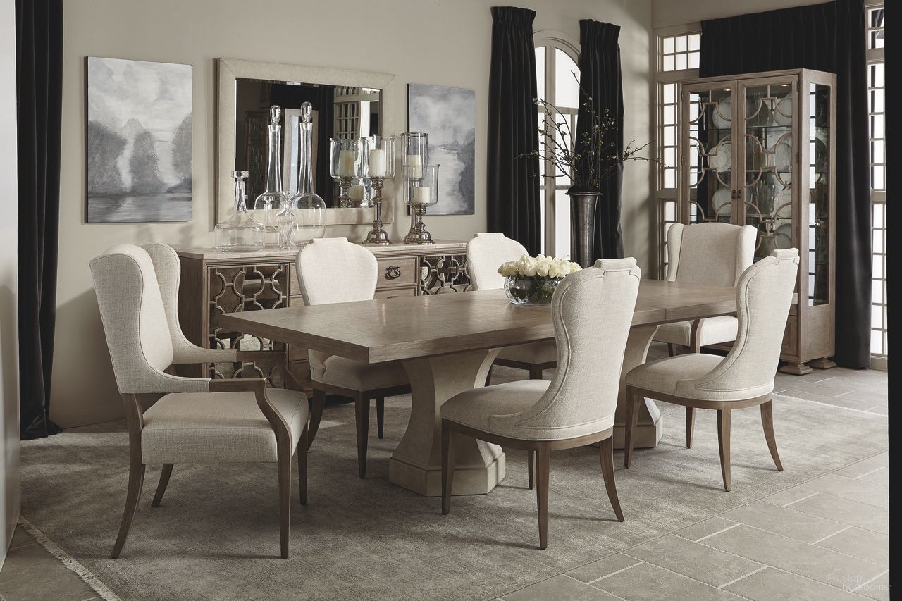 The appearance of Santa Barbara Dining Room Set designed by Bernhardt in the traditional interior design. This sandstone/textured cameo piece of furniture was selected by 1StopBedrooms from Santa Barbara Collection to add a touch of cosiness and style into your home. Sku: 385242;385244;385542;385542;385561;385561;385561;385561. Table Base Style: Double Pedestal. Material: Fabric.