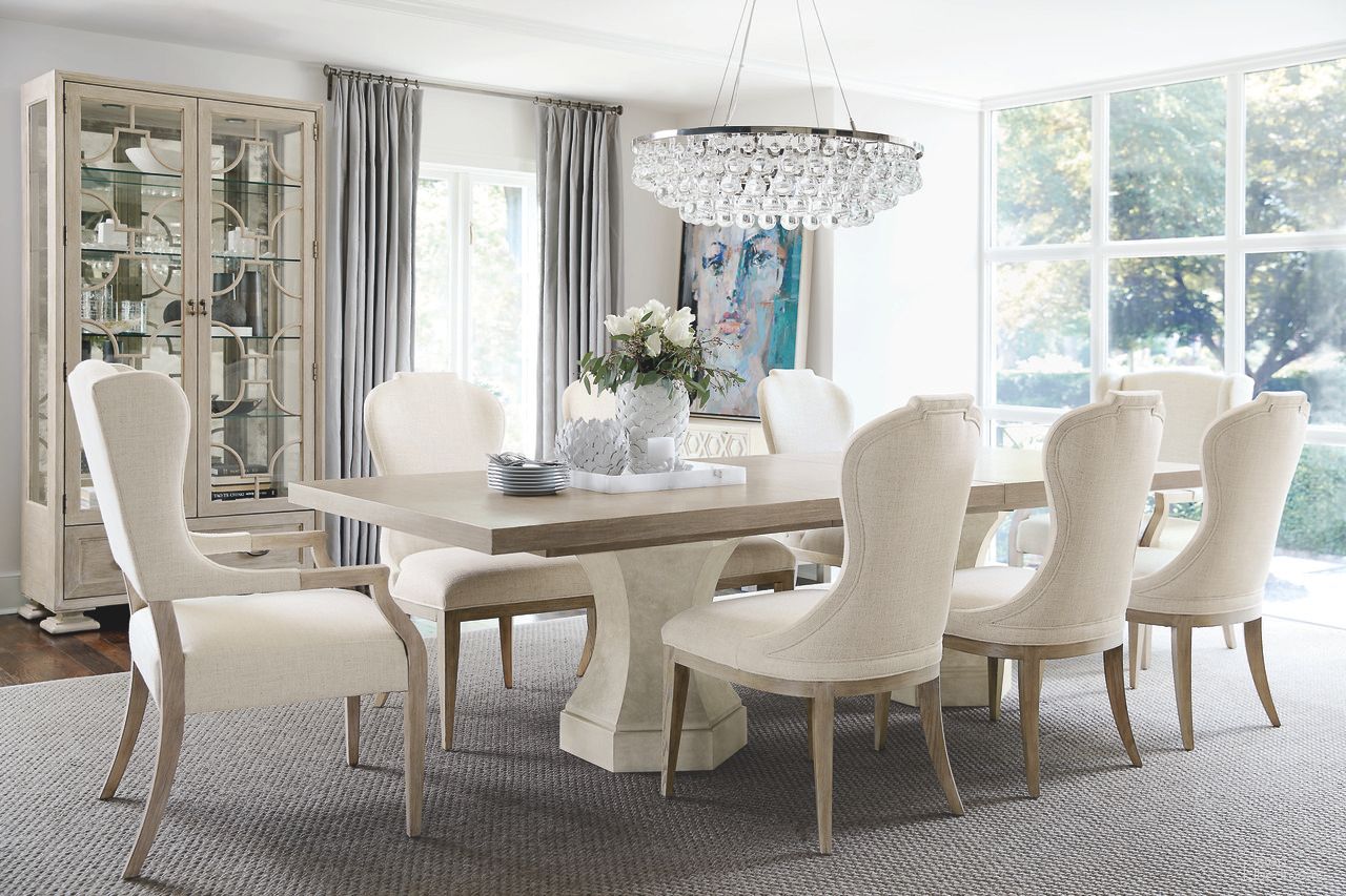 The appearance of Santa Barbara Rectangular Dining Room Set designed by Bernhardt in the traditional interior design. This sandstone/textured cameo piece of furniture was selected by 1StopBedrooms from Santa Barbara Collection to add a touch of cosiness and style into your home. Sku: 385242;385244;385542;385542;385561;385561;385561;385561;385561;385561. Table Base Style: Double Pedestal. Material: Fabric.