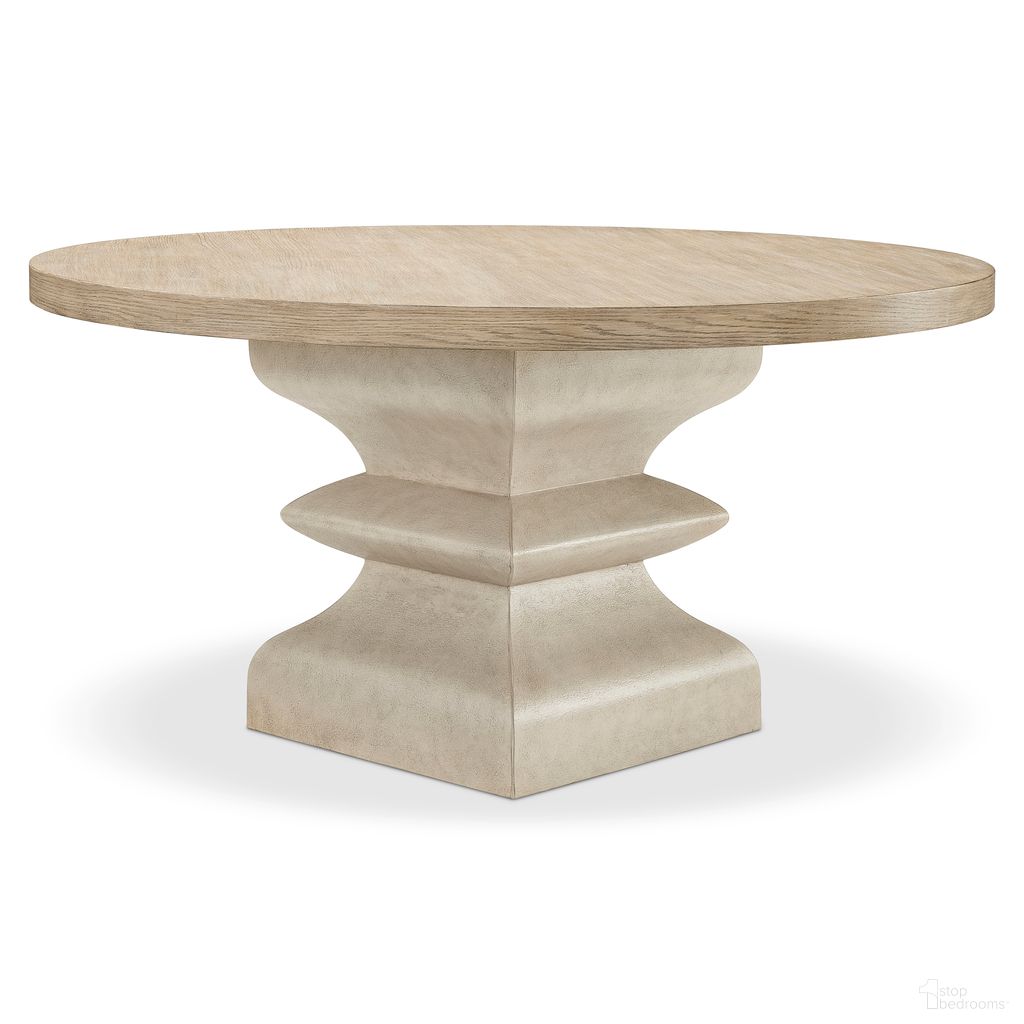 The appearance of Santa Barbara Round Dining Table designed by Bernhardt in the traditional interior design. This sandstone/textured cameo piece of furniture was selected by 1StopBedrooms from Santa Barbara Collection to add a touch of cosiness and style into your home. Sku: 385272;385273. Table Base Style: Pedestal. Table Top Shape: Round. Size: 60". Material: Veneer.