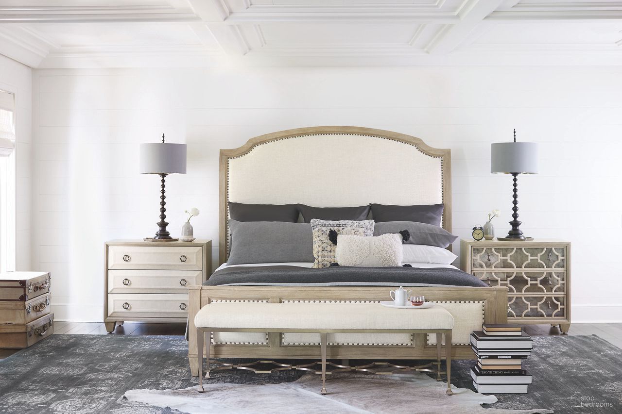 The appearance of Santa Barbara Upholstered Panel Bedroom Set designed by Bernhardt in the modern / contemporary interior design. This sandstone piece of furniture was selected by 1StopBedrooms from Santa Barbara Collection to add a touch of cosiness and style into your home. Sku: 385FR64;385H64;385218. Bed Type: Panel Bed. Material: Fabric. Bed Size: King.