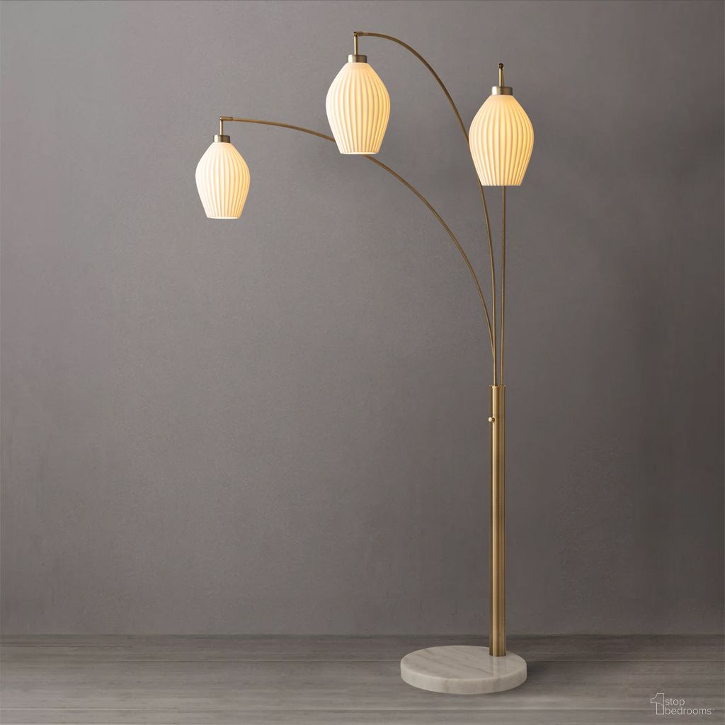 Santa Clara Bone Porcelain 85 Inch 3 Light Arc Floor Lamp In Weathered Brass and Walnut
