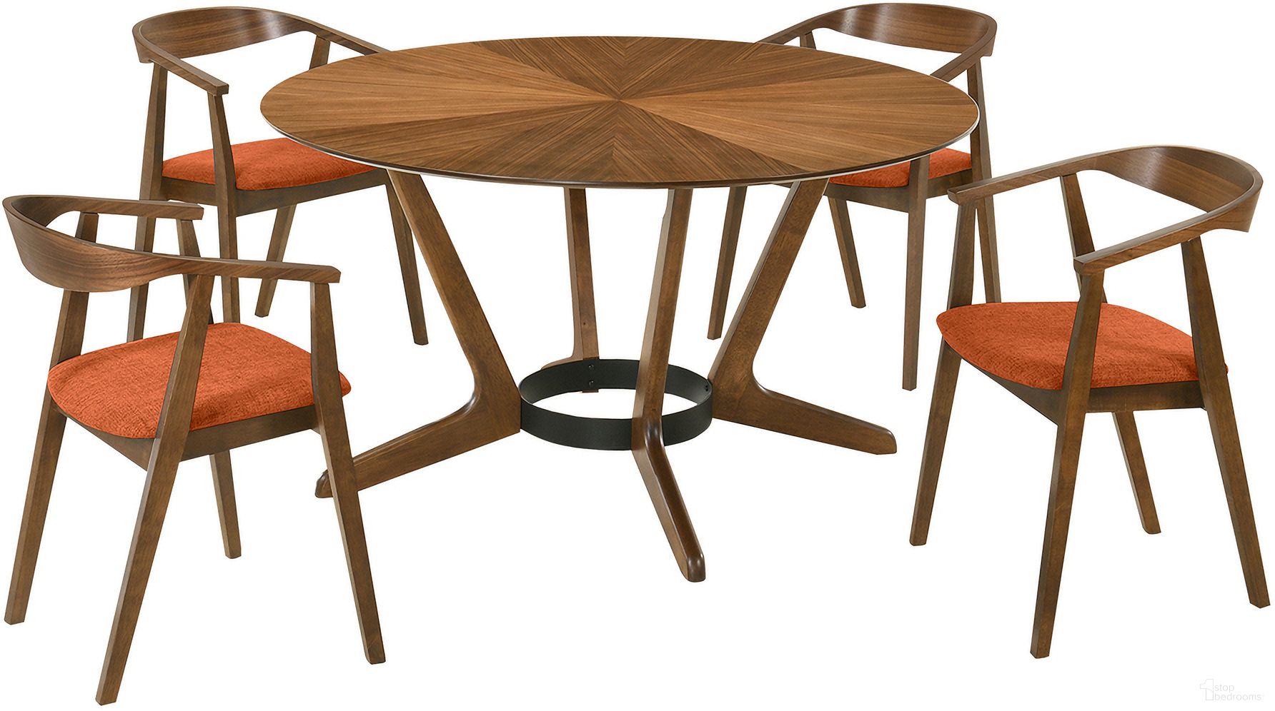 The appearance of Santana 5 Piece Round Wood Dining Set In Walnut/Orange designed by Armen Living in the transitional interior design. This walnut orange piece of furniture was selected by 1StopBedrooms from Santana Collection to add a touch of cosiness and style into your home. Sku: LCSACHWAOR;LCSACHWAOR;LCSATBLWA. Material: Wood.
