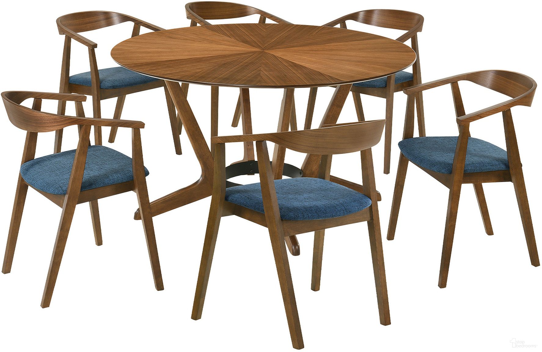 The appearance of Santana 7 Piece Round Wood Dining Set In Walnut/Blue designed by Armen Living in the transitional interior design. This walnut blue piece of furniture  was selected by 1StopBedrooms from Santana Collection to add a touch of cosiness and style into your home. Sku: LCSACHWABLU;LCSACHWABLU;LCSACHWABLU;LCSATBLWA. Material: Wood.