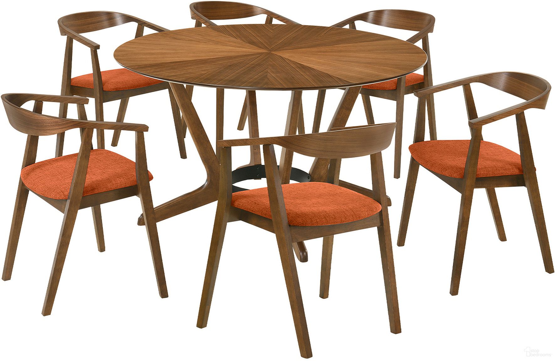 The appearance of Santana 7 Piece Round Wood Dining Set In Walnut/Orange designed by Armen Living in the transitional interior design. This walnut orange piece of furniture  was selected by 1StopBedrooms from Santana Collection to add a touch of cosiness and style into your home. Sku: LCSACHWAOR;LCSACHWAOR;LCSACHWAOR;LCSATBLWA. Material: Wood.