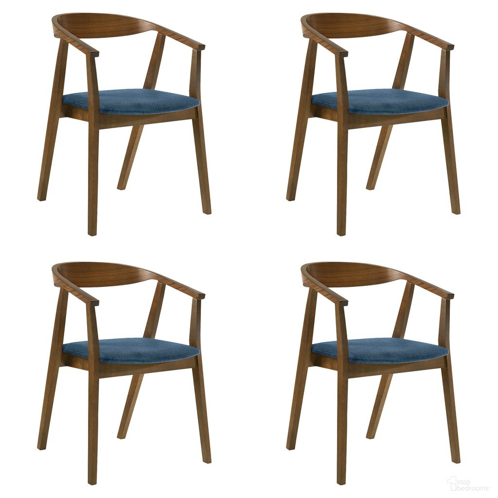 The appearance of Santana Dining Chair Set of 4 In Walnut and Blue designed by Armen Living in the transitional interior design. This blue and walnut piece of furniture  was selected by 1StopBedrooms from Santana Collection to add a touch of cosiness and style into your home. Sku: LCSACHWABLU;LCSACHWABLU. Material: Fabric. Chair Type: Arm Chair.