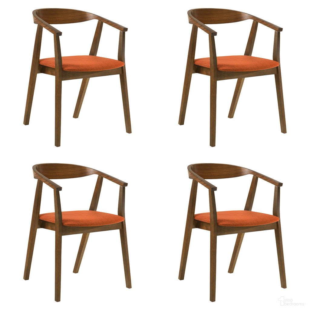 The appearance of Santana Dining Chair Set of 4 In Walnut and Orange designed by Armen Living in the transitional interior design. This walnut/orange piece of furniture  was selected by 1StopBedrooms from Santana Collection to add a touch of cosiness and style into your home. Sku: LCSACHWAOR;LCSACHWAOR. Material: Fabric. Chair Type: Arm Chair.