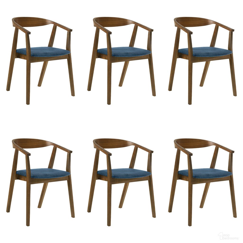 The appearance of Santana Dining Chair Set of 6 In Walnut and Blue designed by Armen Living in the transitional interior design. This blue and walnut piece of furniture  was selected by 1StopBedrooms from Santana Collection to add a touch of cosiness and style into your home. Sku: LCSACHWABLU;LCSACHWABLU;LCSACHWABLU. Material: Fabric. Chair Type: Arm Chair.