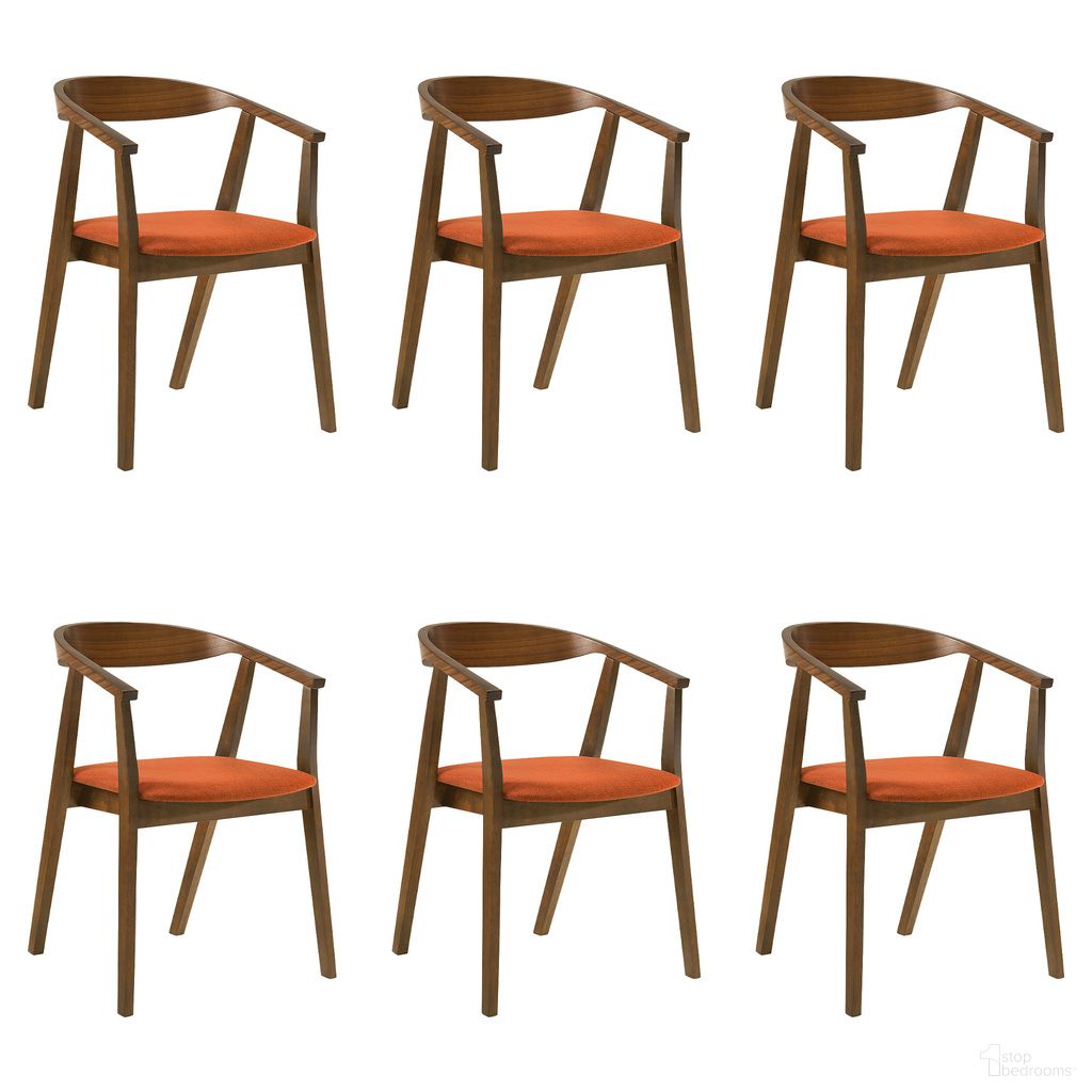 The appearance of Santana Dining Chair Set of 6 In Walnut and Orange designed by Armen Living in the transitional interior design. This walnut/orange piece of furniture  was selected by 1StopBedrooms from Santana Collection to add a touch of cosiness and style into your home. Sku: LCSACHWAOR;LCSACHWAOR;LCSACHWAOR. Material: Fabric. Chair Type: Arm Chair.