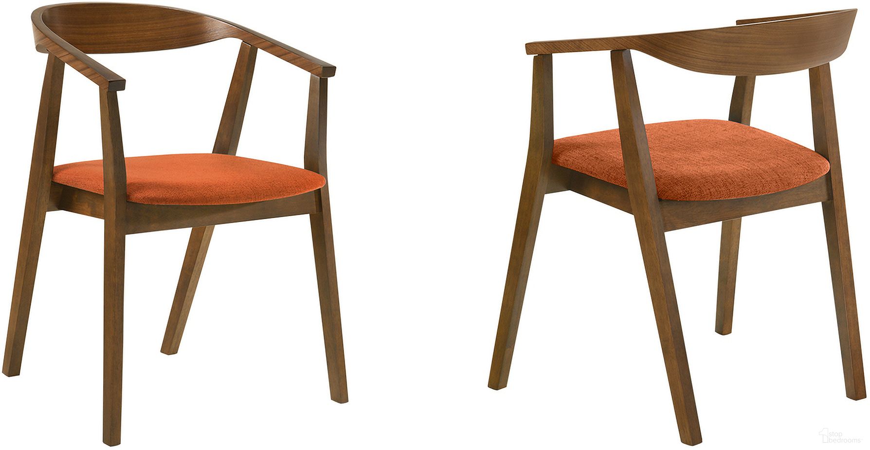 The appearance of Santana Upholstered Wood Dining Chair Set of 2 In Orange designed by Armen Living in the transitional interior design. This orange piece of furniture was selected by 1StopBedrooms from Santana Collection to add a touch of cosiness and style into your home. Sku: LCSACHWAOR. Material: Wood. Chair Type: Arm Chair.