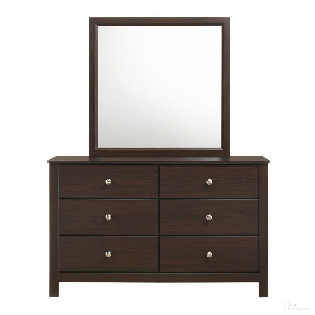 The appearance of Santino Dresser and Mirror Set In Espresso designed by Picket House in the modern / contemporary interior design. This espresso piece of furniture was selected by 1StopBedrooms from Santino Collection to add a touch of cosiness and style into your home. Sku: SM590DR;SM590MR. Material: Wood.