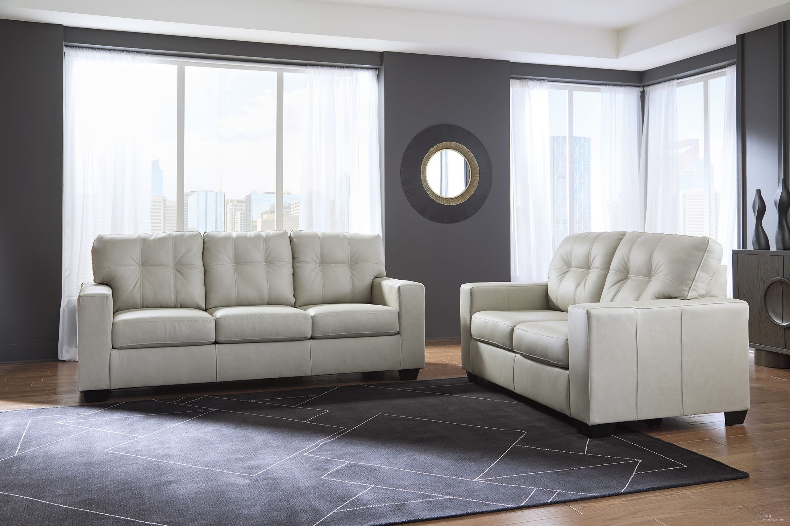 The appearance of Santorine Living Room Set In Bone designed by Signature Design by Ashley in the modern / contemporary interior design. This bone piece of furniture was selected by 1StopBedrooms from Santorine Collection to add a touch of cosiness and style into your home. Sku: 2170838;2170835. Material: Faux Leather.