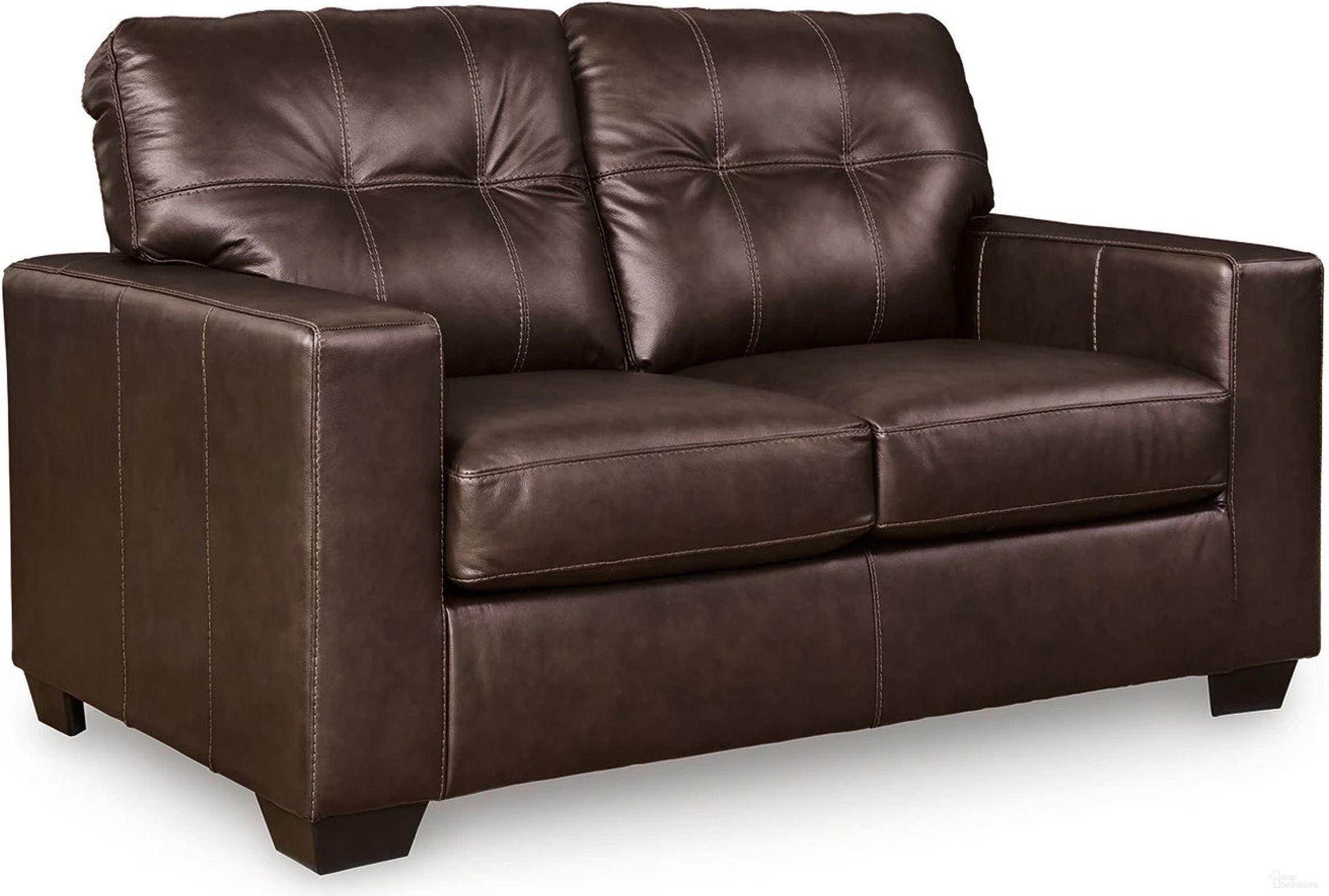 The appearance of Santorine Loveseat In Dark Brown designed by Signature Design by Ashley in the modern / contemporary interior design. This dark brown piece of furniture was selected by 1StopBedrooms from Santorine Collection to add a touch of cosiness and style into your home. Sku: 2170635. Material: Leather.