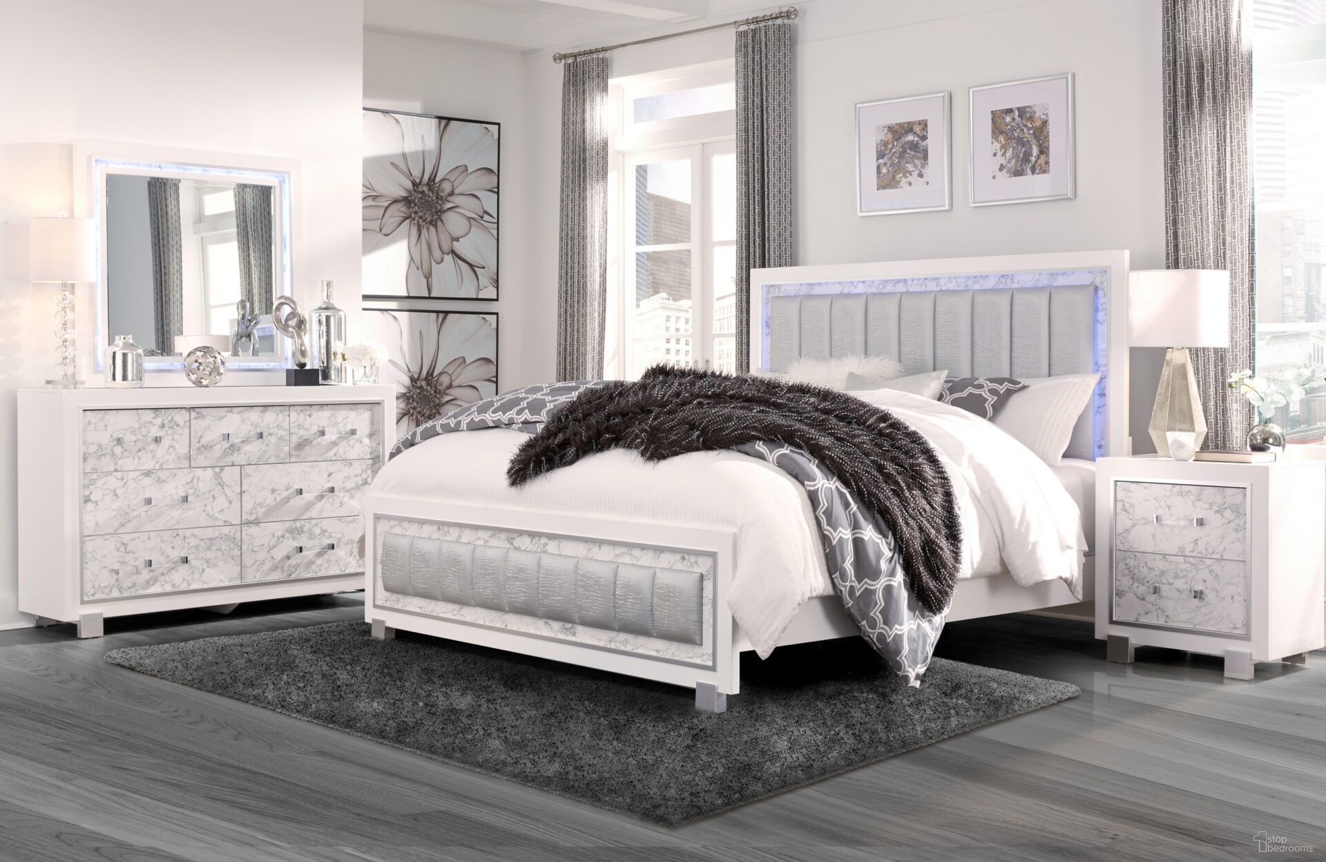 The appearance of Santorini Bedroom Set In Metallic White Marble designed by Global Furniture USA in the modern / contemporary interior design. This white piece of furniture was selected by 1StopBedrooms from Santorini Collection to add a touch of cosiness and style into your home. Sku: SANTORINI-METALLIC WHITE-QB/KB-SR;SANTORINI-METALLIC WHITE-QB-HB;SANTORINI-METALLIC WHITE-QB-FB & SLATS;SANTORINI-METALLIC WHITE-NS. Material: Wood. Bed Size: Queen.