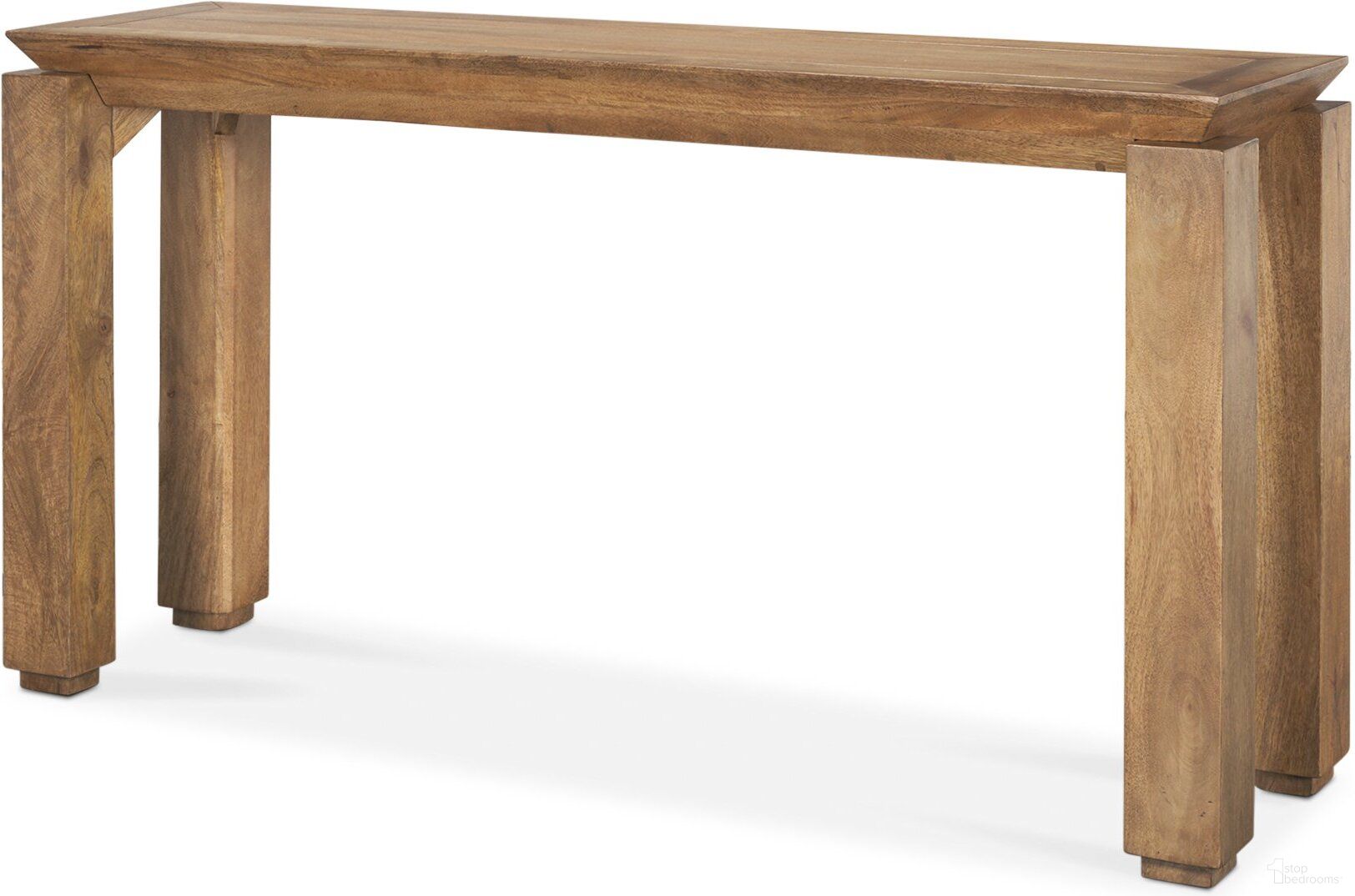 The appearance of Sapphira Wood Tapered Top Console Table In Medium Brown designed by Mercana in the modern / contemporary interior design. This brown piece of furniture  was selected by 1StopBedrooms from Sapphira Collection to add a touch of cosiness and style into your home. Sku: 70775-AB. Material: Solid Wood.