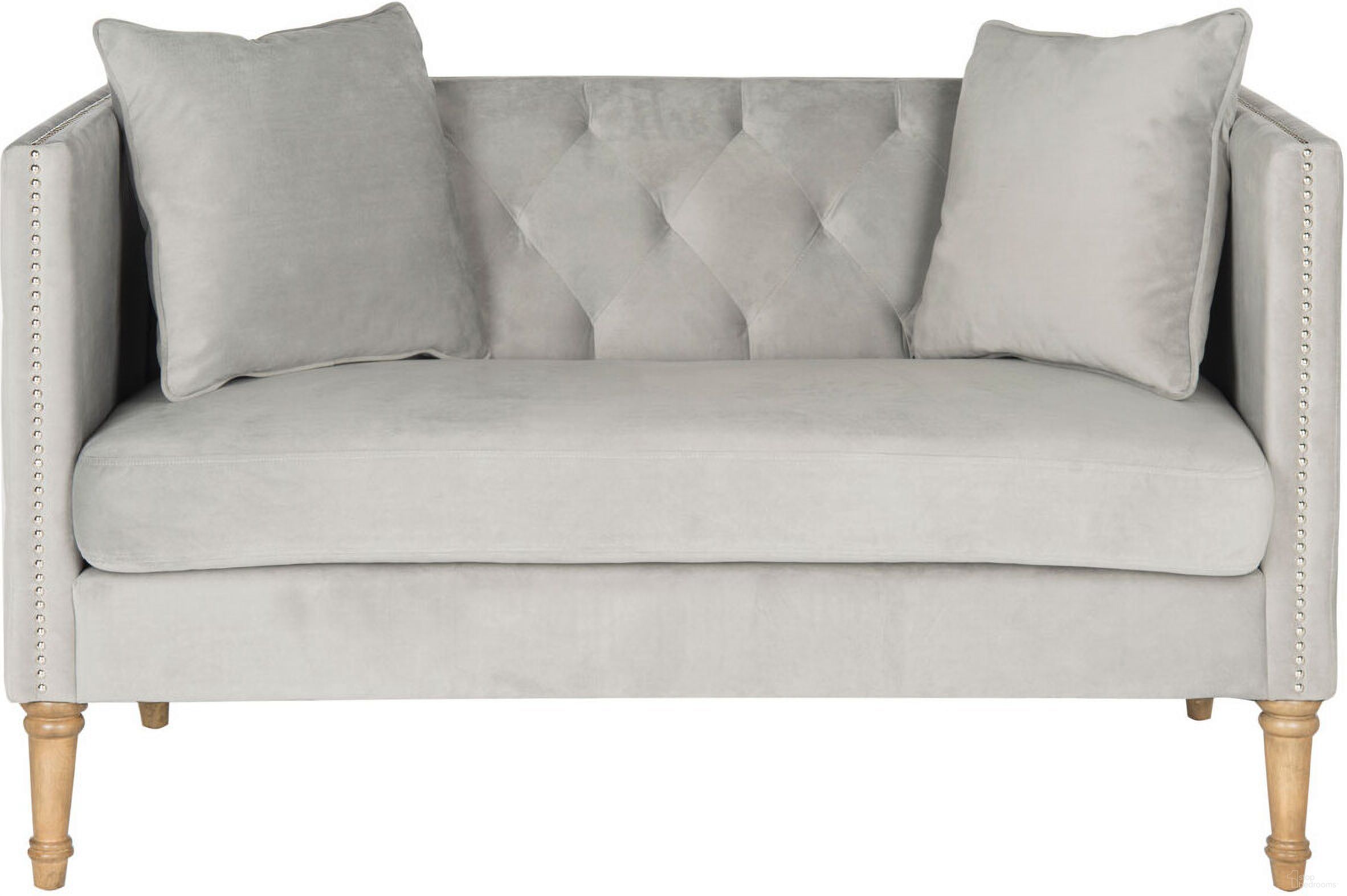 The appearance of Sarah Tufted Settee with Pillows in Grey designed by Safavieh in the transitional interior design. This grey piece of furniture was selected by 1StopBedrooms from Sarah Collection to add a touch of cosiness and style into your home. Sku: FOX6206B. Material: Wood.