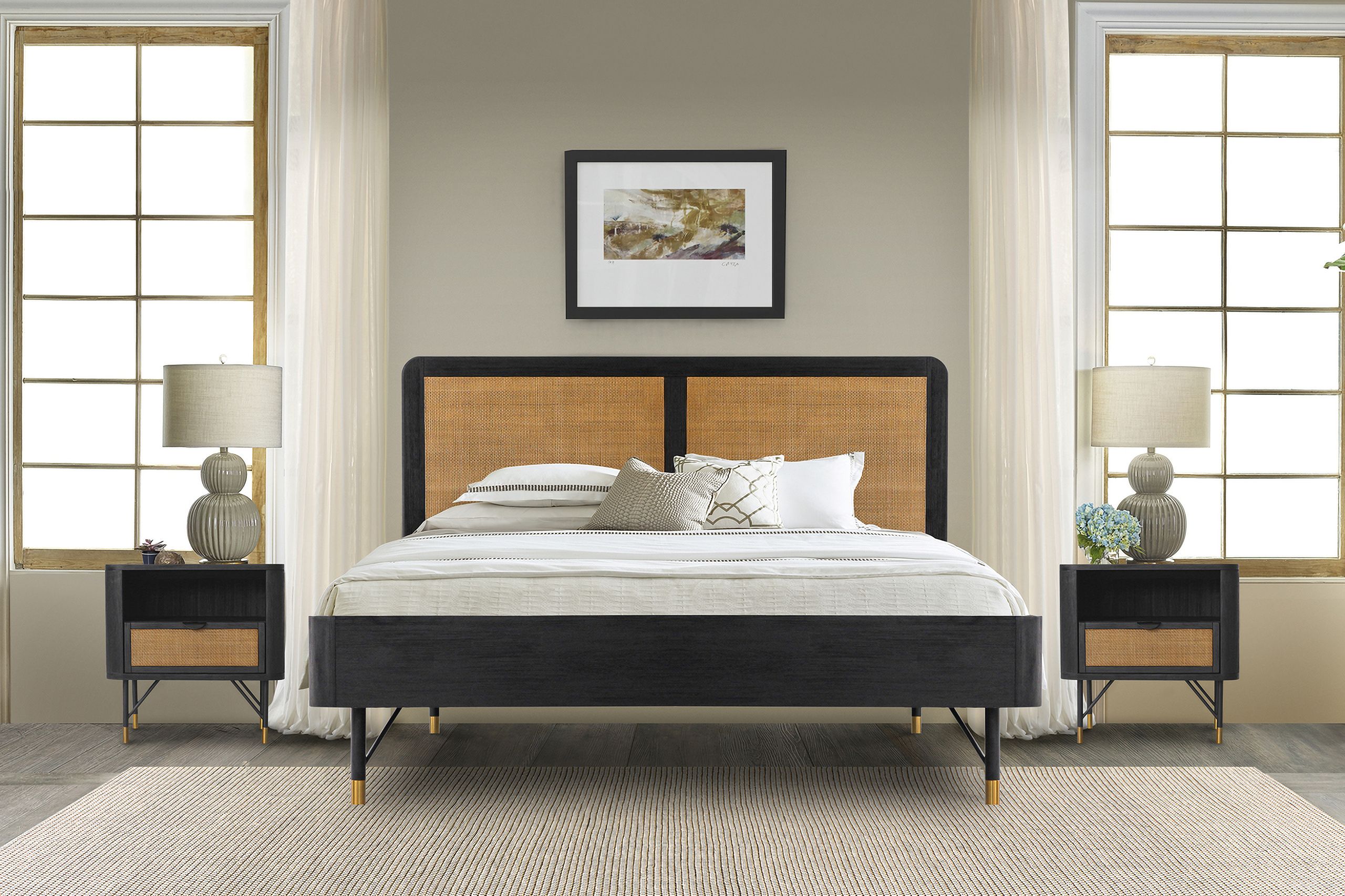 The appearance of Saratoga 3-Piece King Bedroom Set In Black Acacia Wood and Rattan designed by Armen Living in the transitional interior design. This black piece of furniture was selected by 1StopBedrooms from Saratoga Collection to add a touch of cosiness and style into your home. Sku: LCSRBDBLKGBX1;LCSRBDBLKGBX3;LCSRLABL;LCSRBDBLKGBX2;LCSRLABL. Bed Type: Platform Bed. Material: Wood. Bed Size: King.