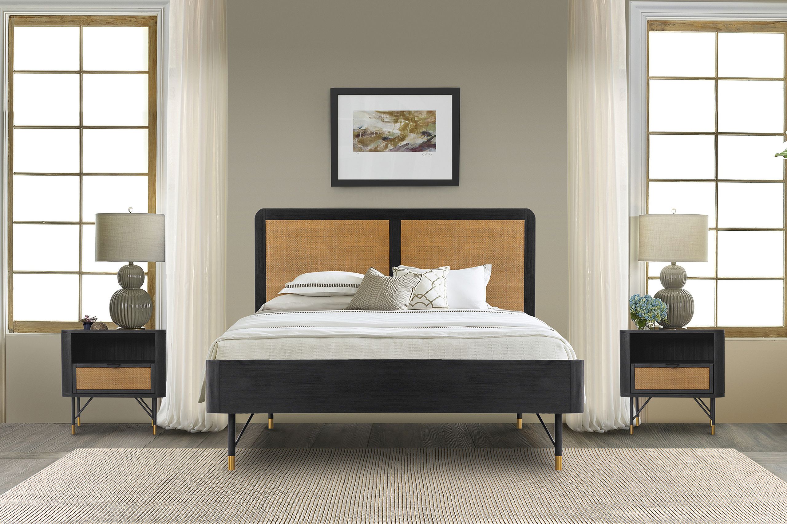 The appearance of Saratoga 3-Piece Queen Bedroom Set In Black Acacia Wood and Rattan designed by Armen Living in the transitional interior design. This black piece of furniture was selected by 1StopBedrooms from Saratoga Collection to add a touch of cosiness and style into your home. Sku: LCSRBDBLQNBX1;LCSRBDBLQNBX2;LCSRBDBLQNBX3;LCSRLABL;LCSRLABL. Bed Type: Platform Bed. Material: Wood. Bed Size: Queen.