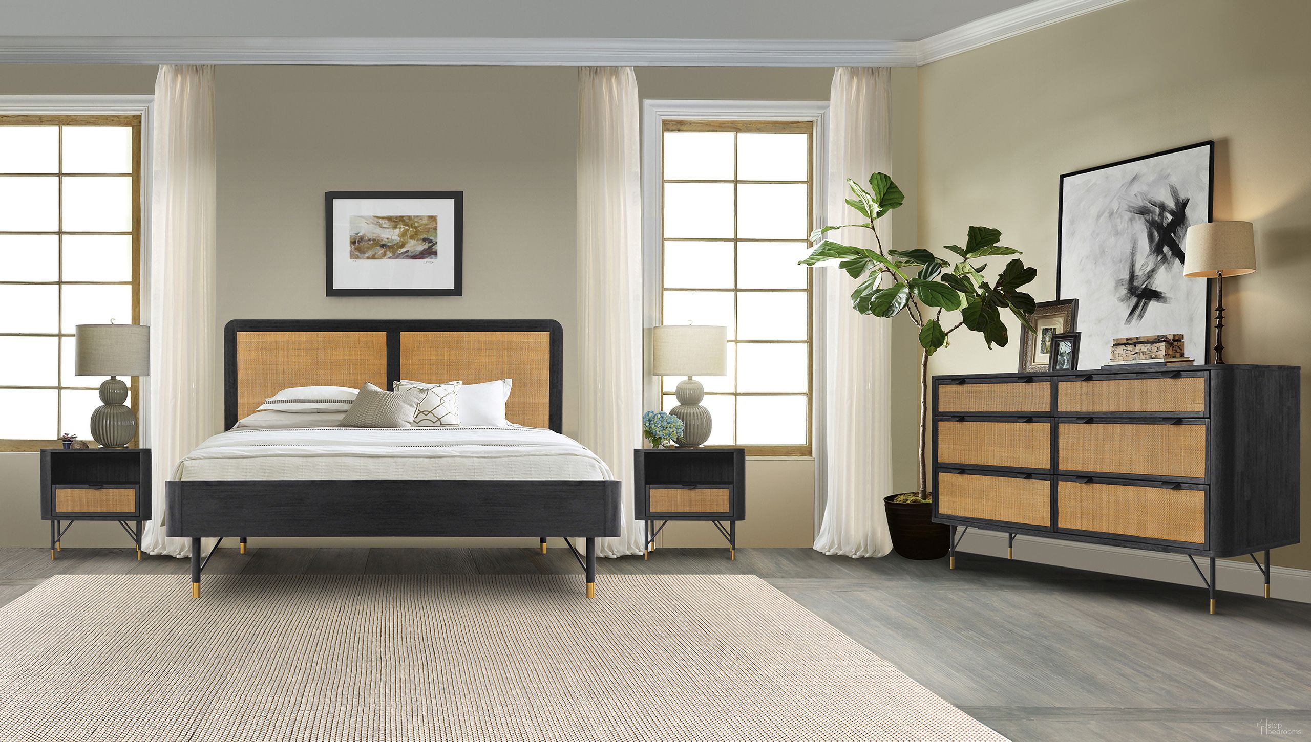 The appearance of Saratoga 4-Piece King Bedroom Set In Black Acacia Wood and Rattan designed by Armen Living in the transitional interior design. This black piece of furniture was selected by 1StopBedrooms from Saratoga Collection to add a touch of cosiness and style into your home. Sku: LCSRBDBLKGBX1;LCSRBDBLKGBX2;LCSRBDBLKGBX3;LCSRLABL;LCSRLABL;LCSRDRBL. Bed Type: Platform Bed. Material: Wood. Bed Size: King.
