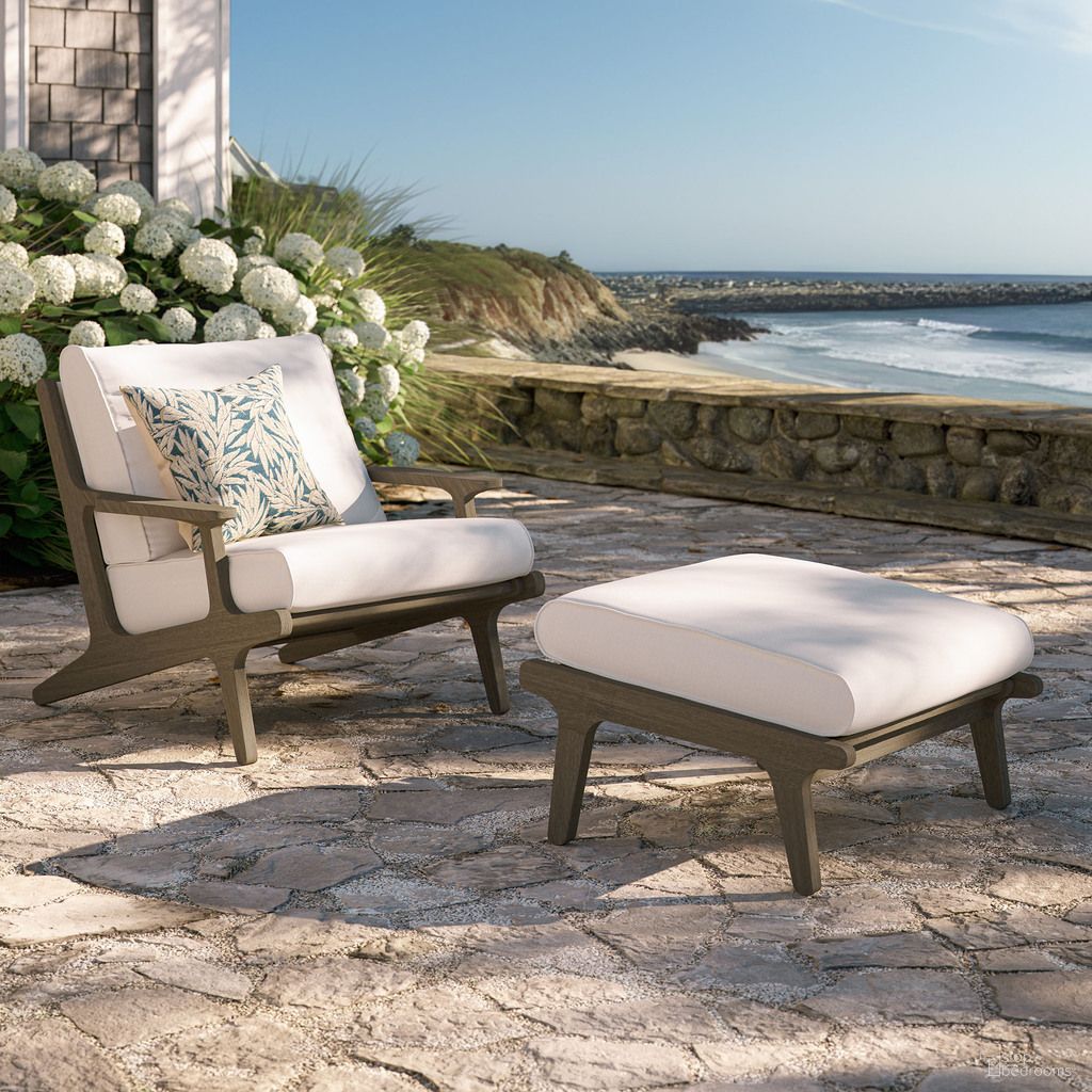Saratoga Outdoor Patio Teak Wood Chair and Ottoman Set In White and Weathered Gray