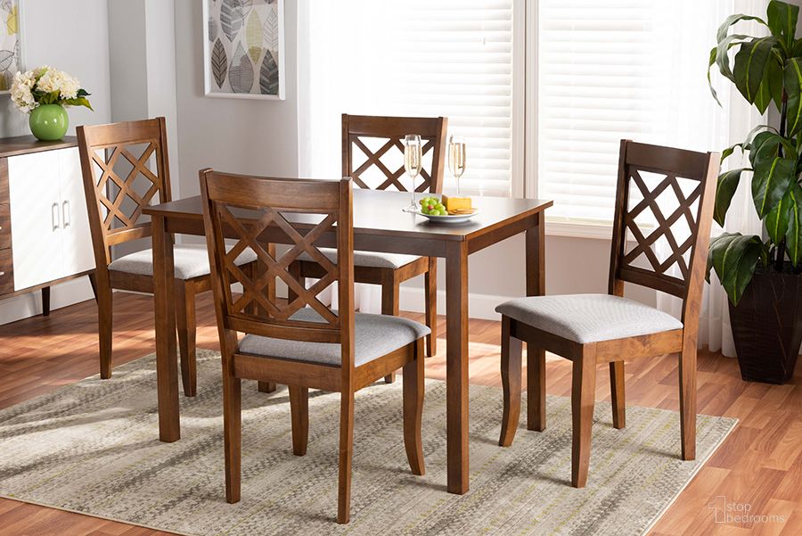 Sari Modern and Contemporary Grey Fabric Upholstered and Walnut Brown Finished Wood 5-Piece Dining Set