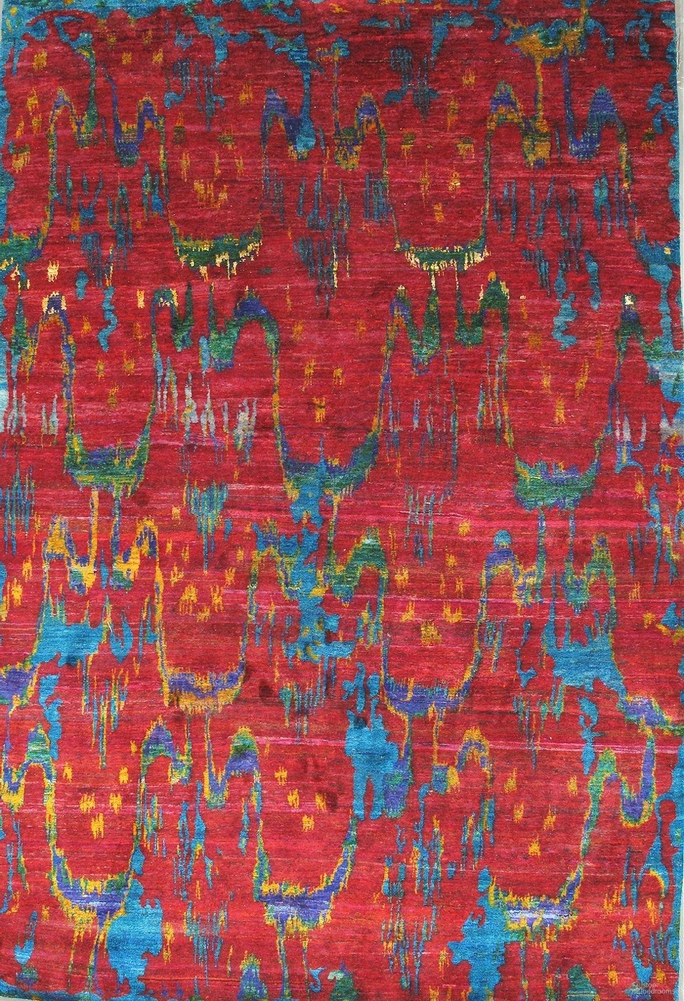 Sari Silk Collection Hand-Knotted Pure Silk Area Rug- 8' 9" x 12'11" In Red and Multi
