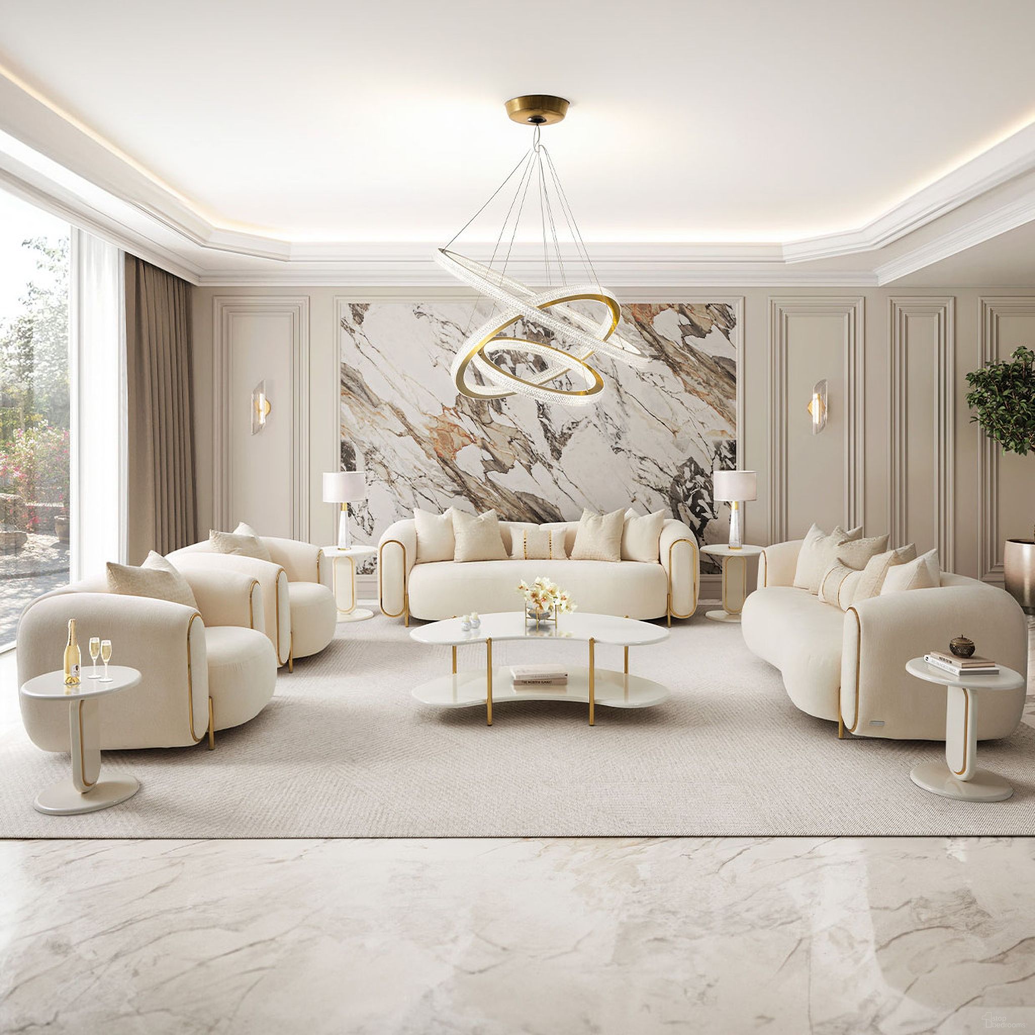 The appearance of Sassani Living Room Set In Crepe and Gold designed by Michael Amini in the modern / contemporary interior design. This gold piece of furniture was selected by 1StopBedrooms from Sassani Collection to add a touch of cosiness and style into your home. Sku: LFR-SSNI815-CPE-806;LFR-SSNI825-CPE-806. Material: Solid Wood.