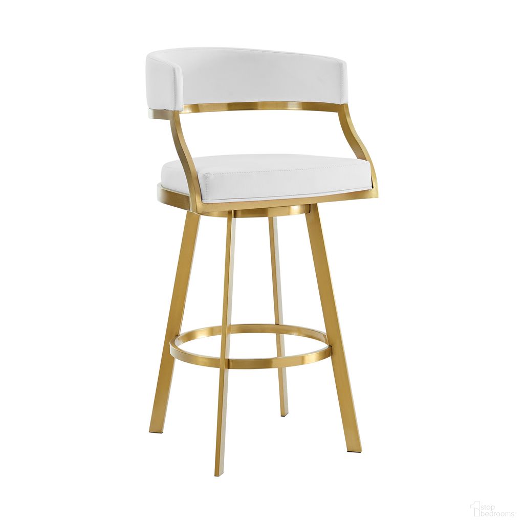 The appearance of Saturn 26 Inch Swivel Counter Stool with Gold Brushed Stainless Steel and White Faux Leather designed by Armen Living in the modern / contemporary interior design. This white piece of furniture  was selected by 1StopBedrooms from Saturn Collection to add a touch of cosiness and style into your home. Sku: LCSNSWBABGLWH26. Material: Stainless Steel.