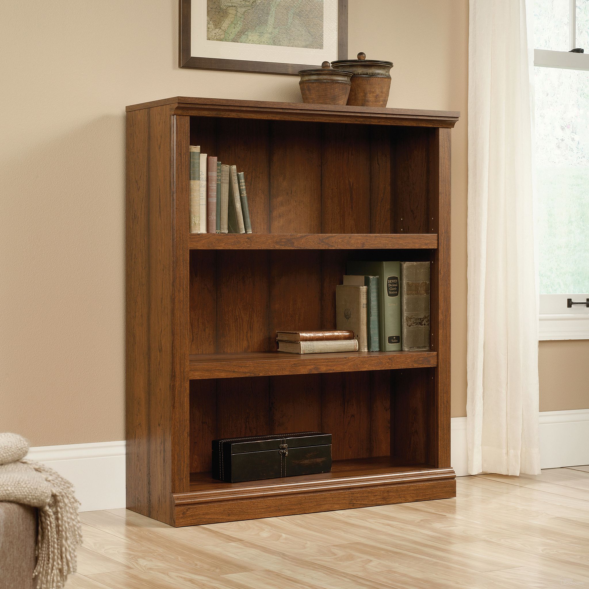 The appearance of Sauder Select 3-Shelf Bookcase In Washington Cherry designed by Sauder in the country / farmhouse interior design. This washington cherry piece of furniture was selected by 1StopBedrooms from Sauder Select Collection to add a touch of cosiness and style into your home. Sku: 416348. Material: Engineered Wood.