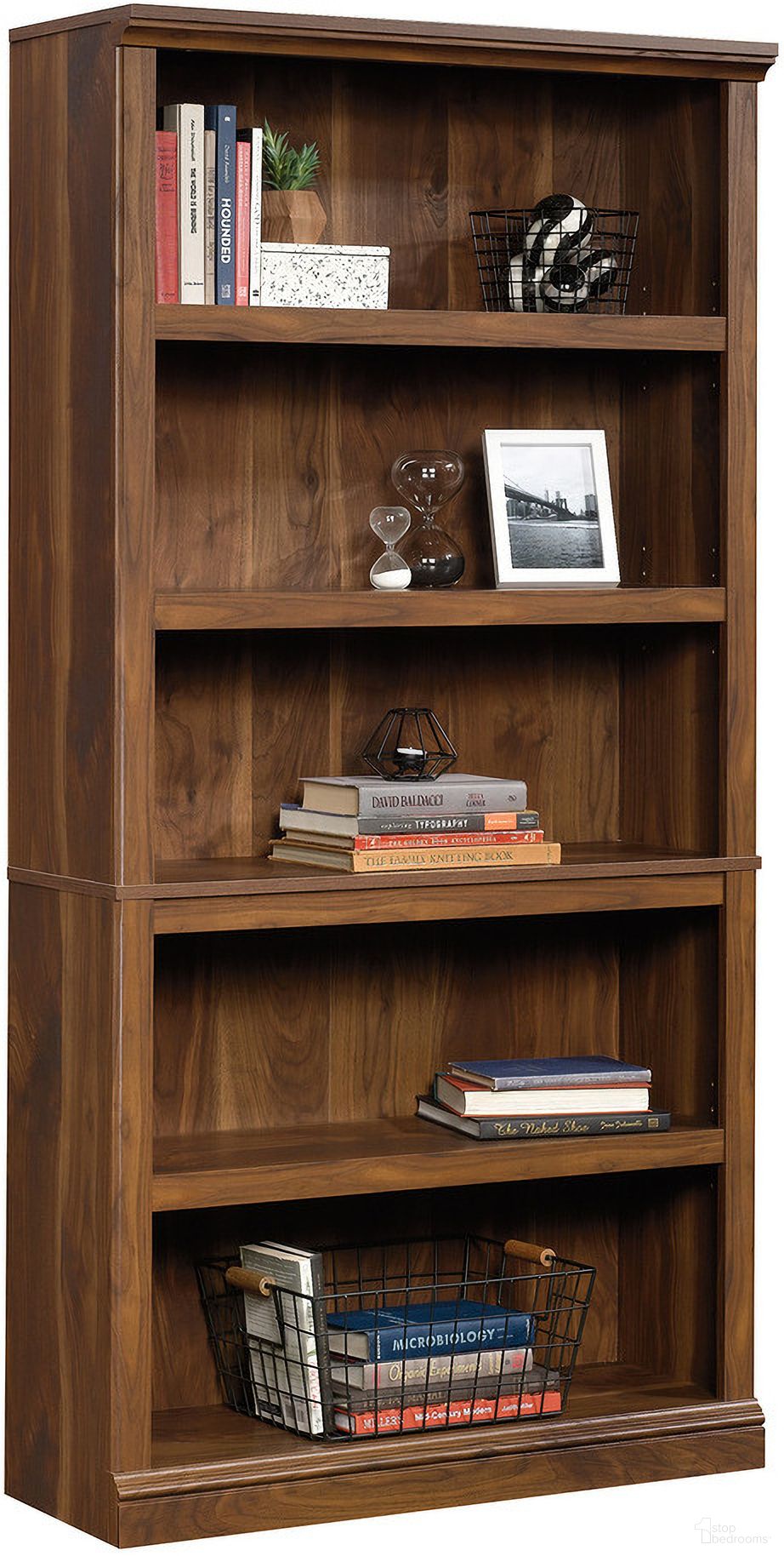 The appearance of Sauder Select 5-Shelf Bookcase In Grand Walnut designed by Sauder in the transitional interior design. This grand walnut piece of furniture  was selected by 1StopBedrooms from Sauder Select Collection to add a touch of cosiness and style into your home. Sku: 426424. Material: Engineered Wood.