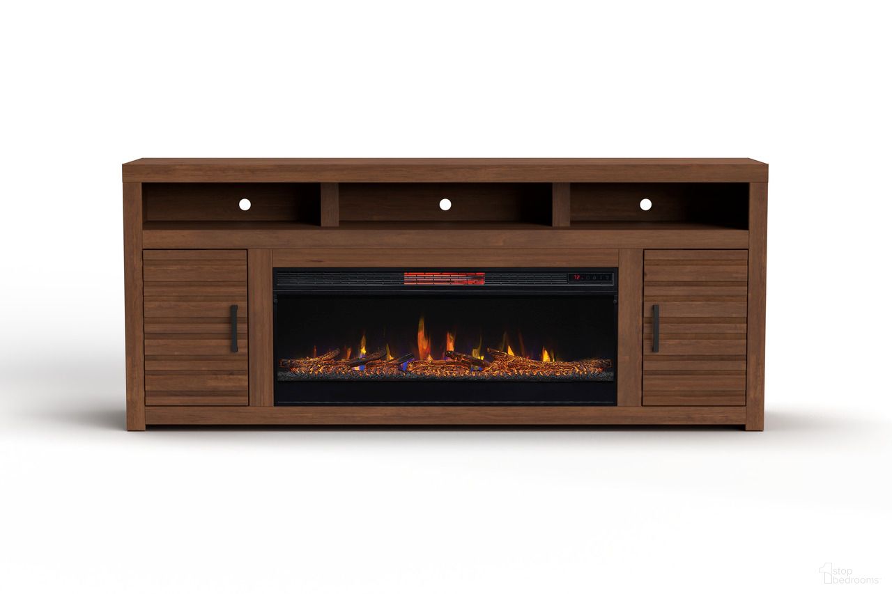 Sausalito 78 Inch Electric Fireplace TV Stand Console In Blue Denim and Whiskey