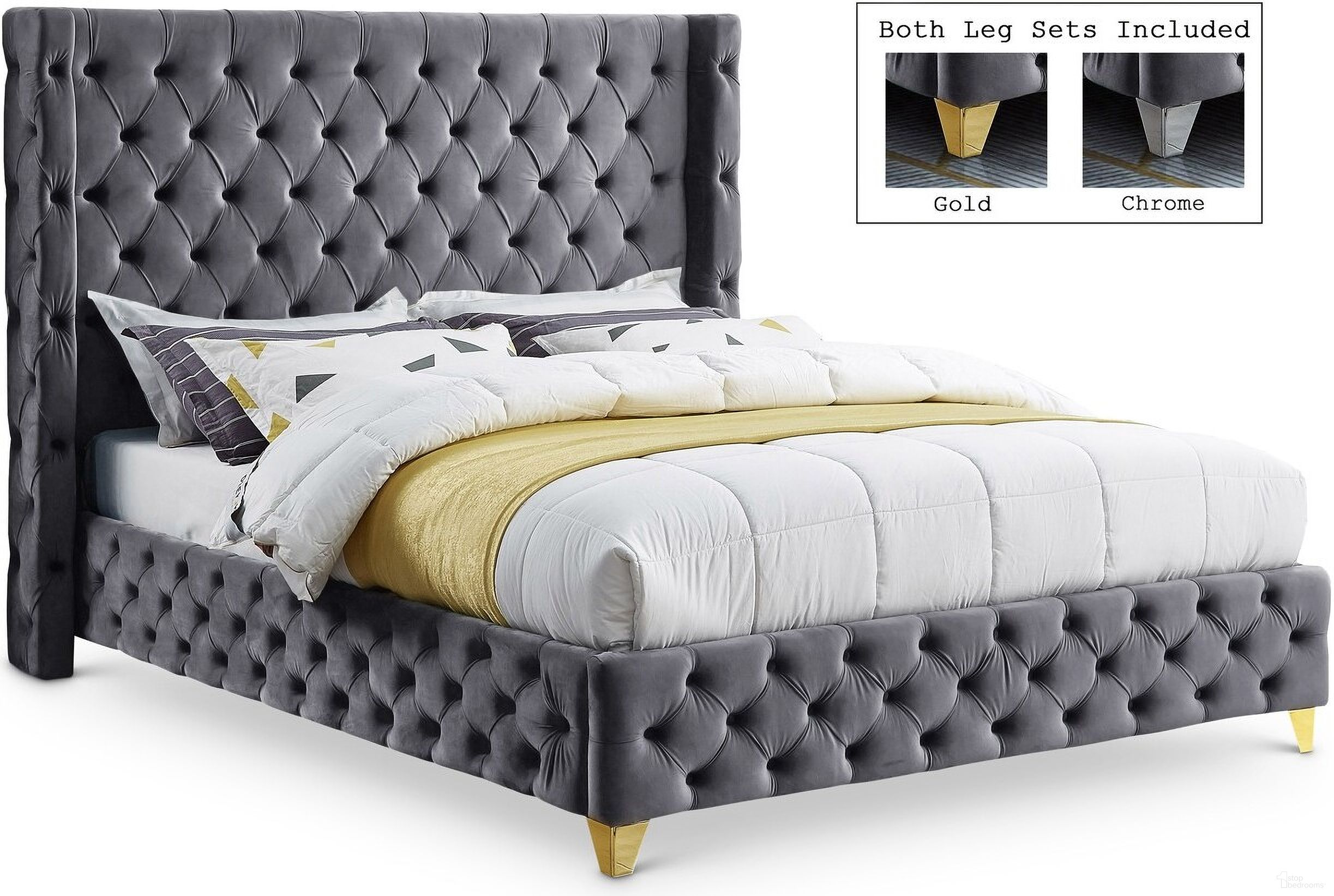 Savan Velvet King Bed In Grey