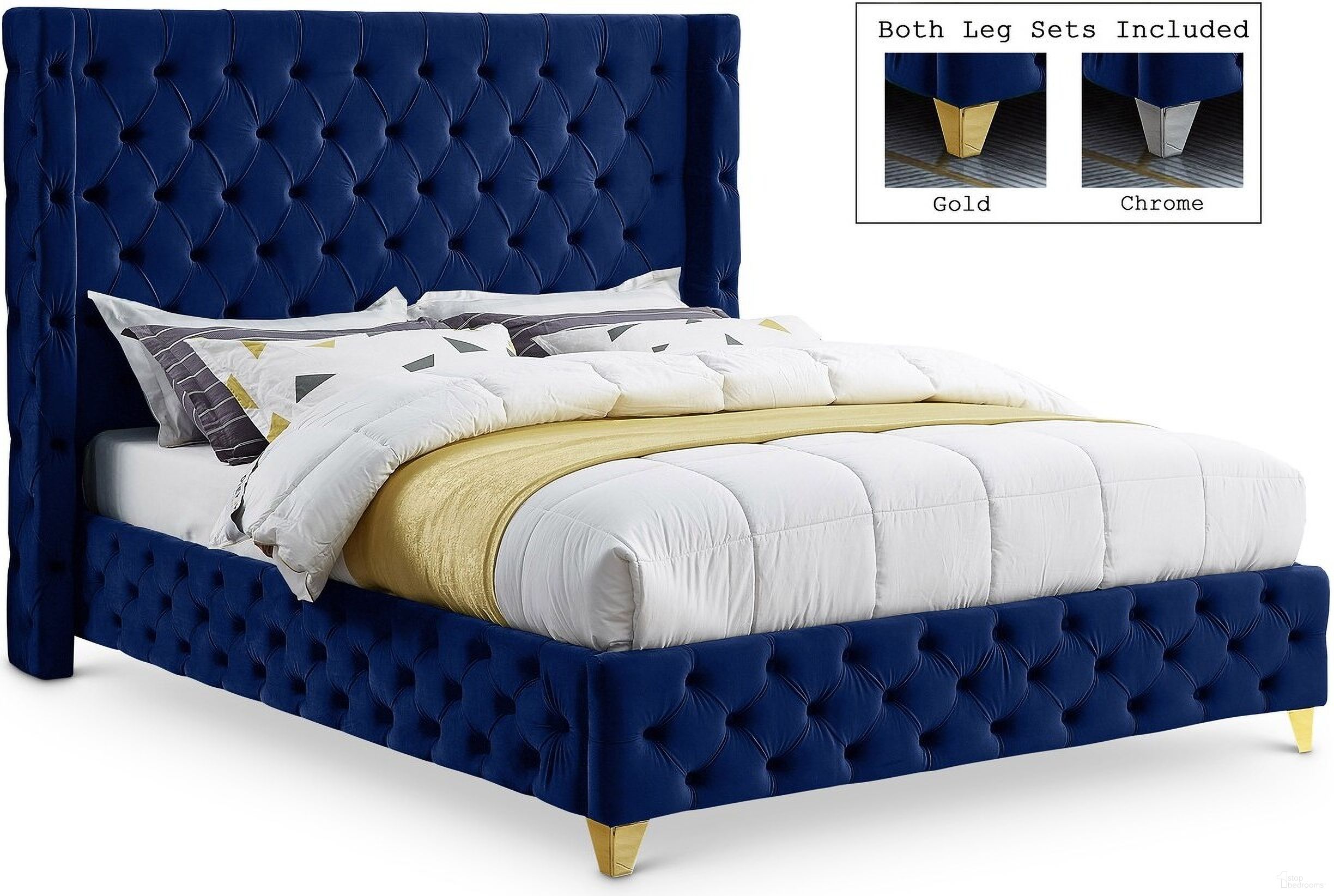 The appearance of Savan Velvet Queen Bed In Navy designed by Meridian in the modern / contemporary interior design. This navy piece of furniture  was selected by 1StopBedrooms from Savan Collection to add a touch of cosiness and style into your home. Sku: SavanNavy-Q Box 1/2 (Headboard / Slats);SavanNavy-Q Box 2/2 (Rails / Footboard / Wings). Bed Size: Queen. Material: Velvet. Bed Type: Upholstered Bed.