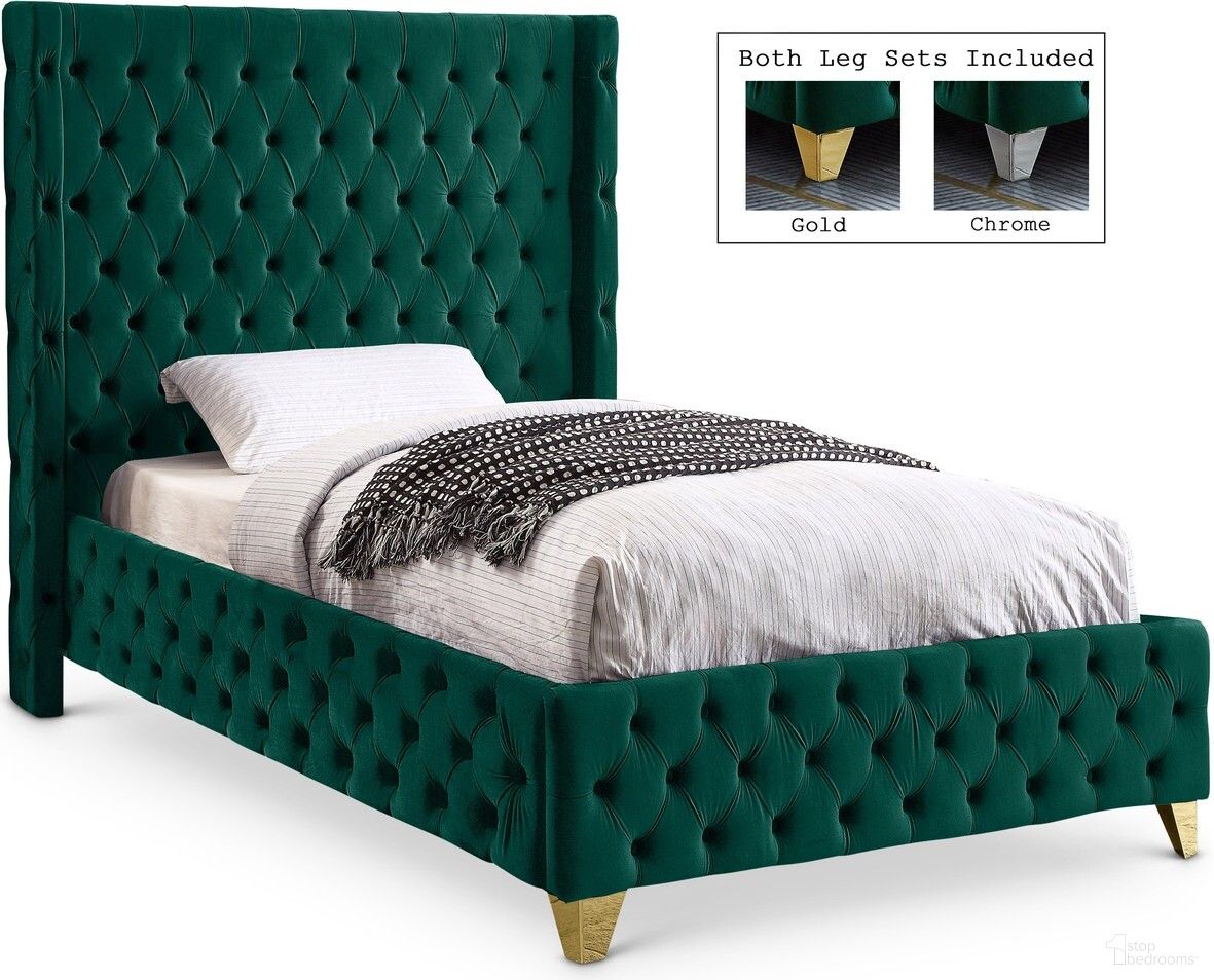 The appearance of Savan Velvet Twin Bed In Green designed by Meridian in the modern / contemporary interior design. This green piece of furniture was selected by 1StopBedrooms from Savan Collection to add a touch of cosiness and style into your home. Sku: SavanGreen-T Box 1/2 (Headboard / Slats);SavanGreen-T Box 2/2 (Rails / Footboard / Wings). Bed Size: Twin. Material: Velvet. Bed Type: Upholstered Bed.